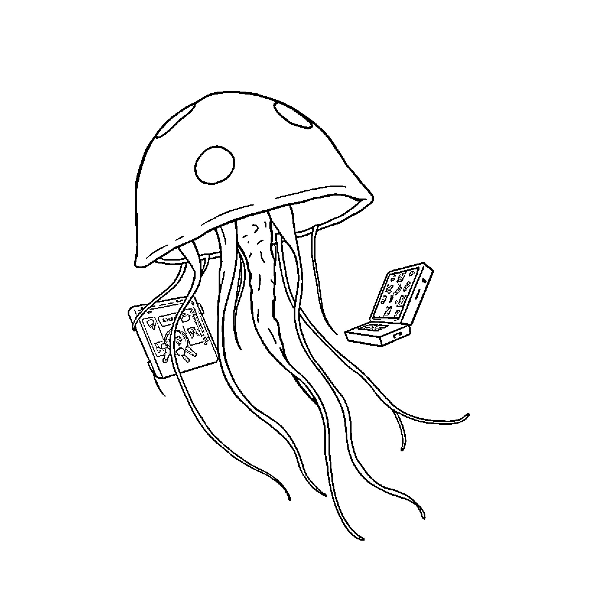 Jellyfish playing with handheld device Coloring Page (free black-and-white line drawing printable PDF for all, from beginners to advanced learners, including children, teens, adults, and seniors)