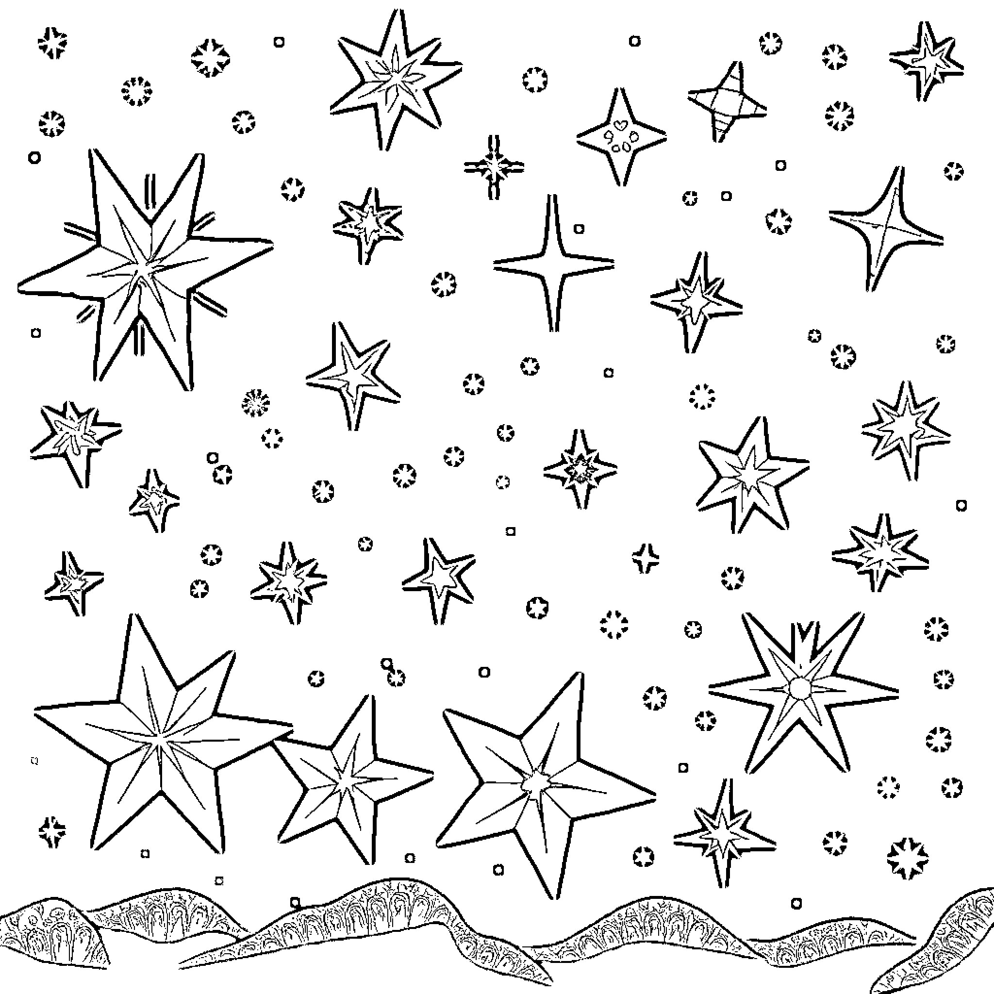 Star-shaped celestial elements in the night sky Coloring Page (free black-and-white line drawing printable PDF for all, from beginners to advanced learners, including children, teens, adults, and seniors)