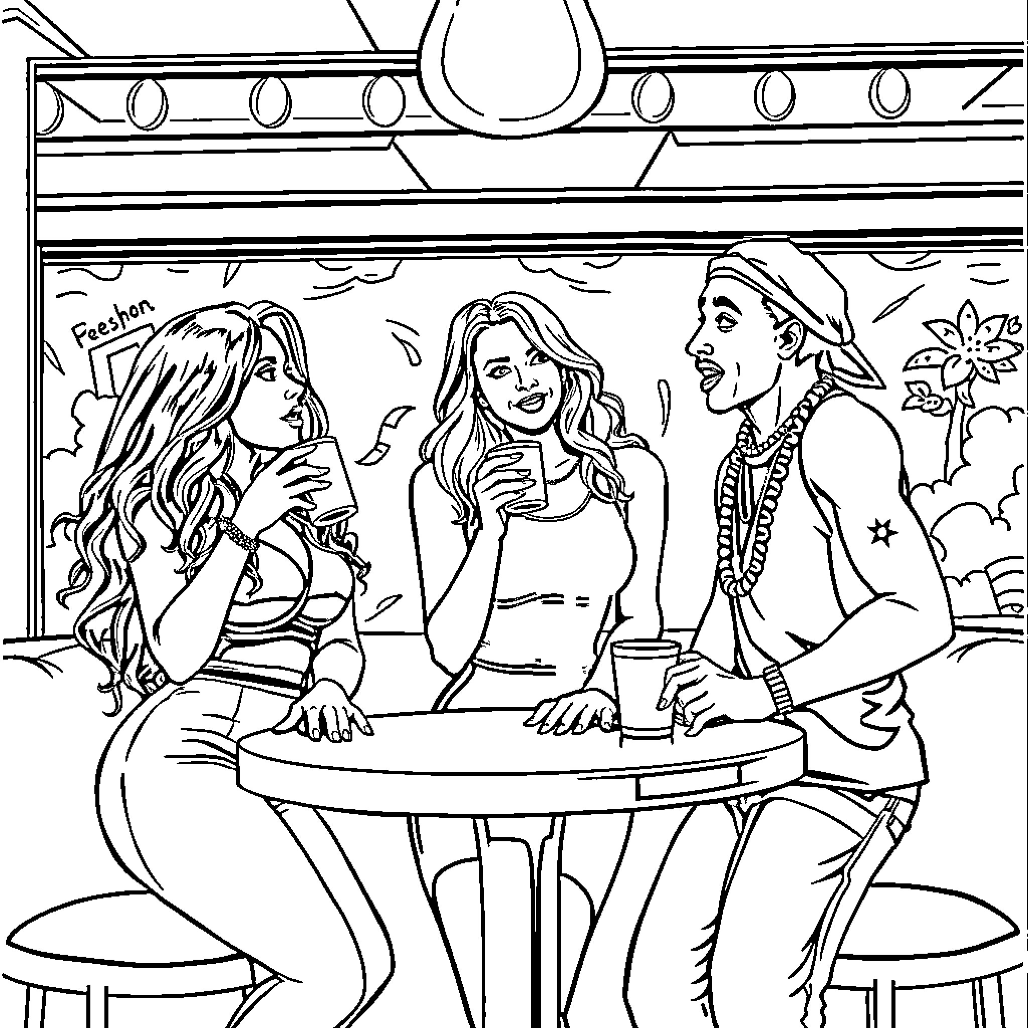 Celebrity Friends Enjoying Drinks at Outdoor Cafe Coloring Page (free black-and-white line drawing printable PDF for all, from beginners to advanced learners, including children, teens, adults, and seniors)