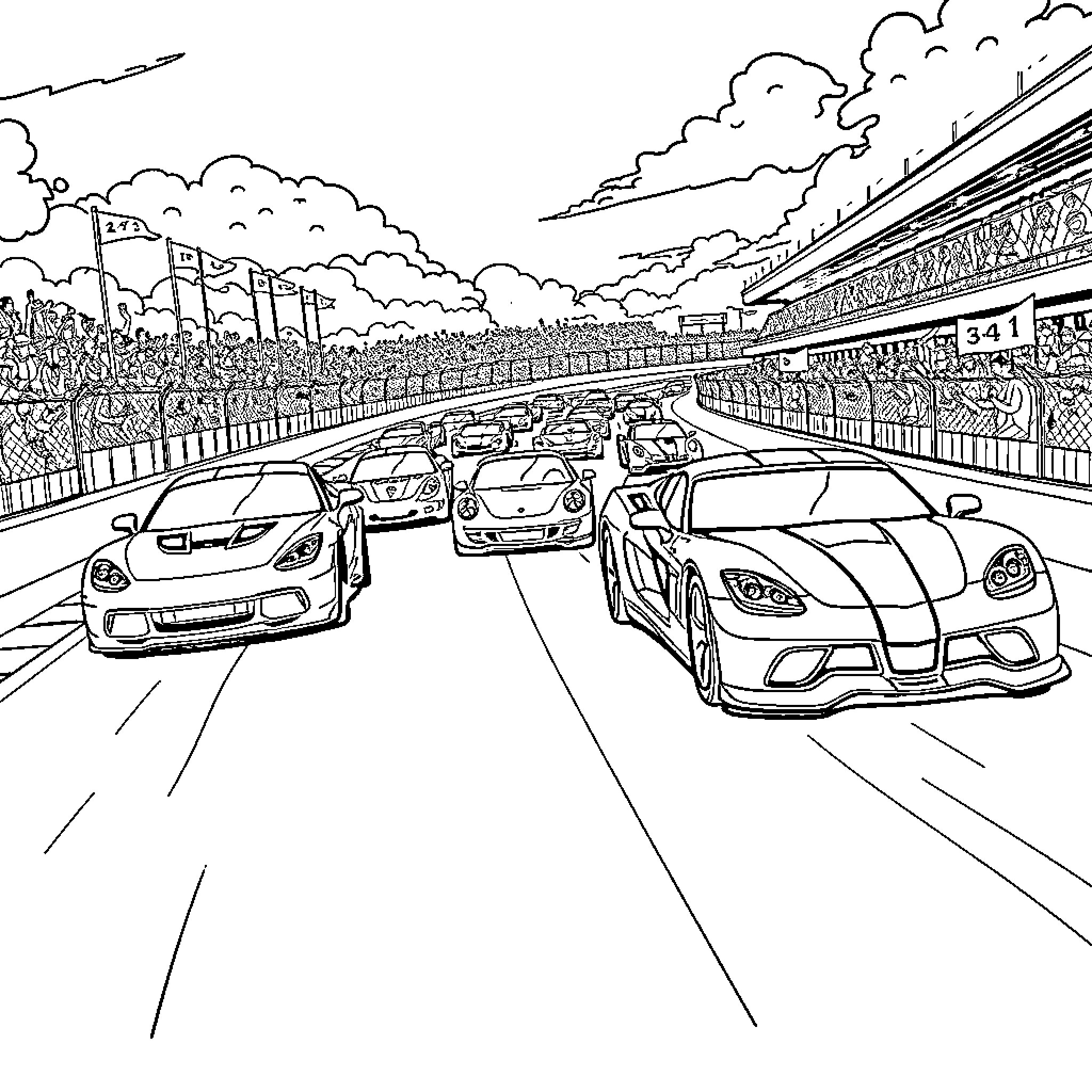 Car Race on the Speedway Track Coloring Page (free black-and-white line drawing printable PDF for all, from beginners to advanced learners, including children, teens, adults, and seniors)