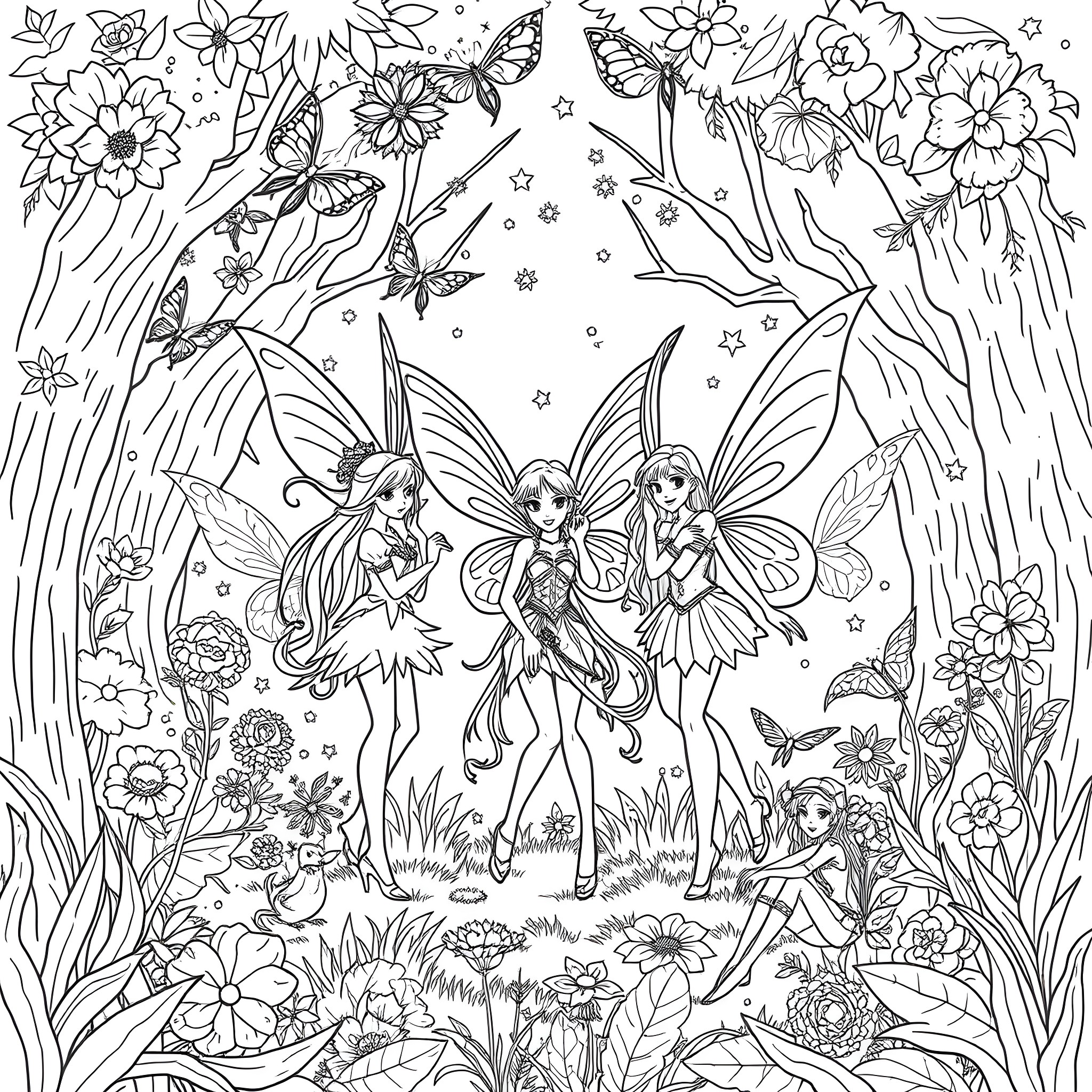 Winx Club Fairies in a Magical Flower Garden Coloring Page (free black-and-white line drawing printable PDF for all, from beginners to advanced learners, including children, teens, adults, and seniors)