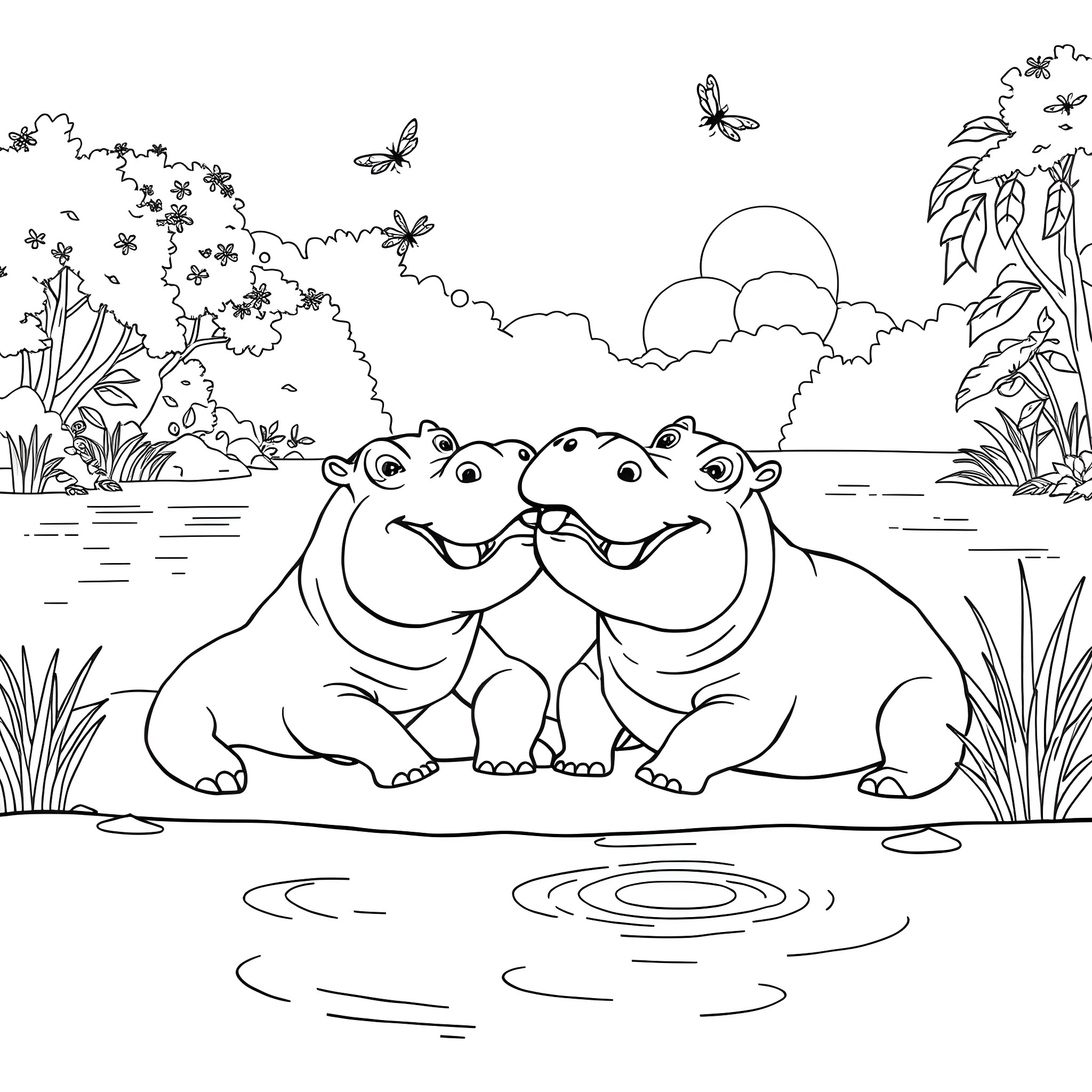 Hippo friends frolicking in the serene swamp Coloring Page (free black-and-white line drawing printable PDF for all, from beginners to advanced learners, including children, teens, adults, and seniors)