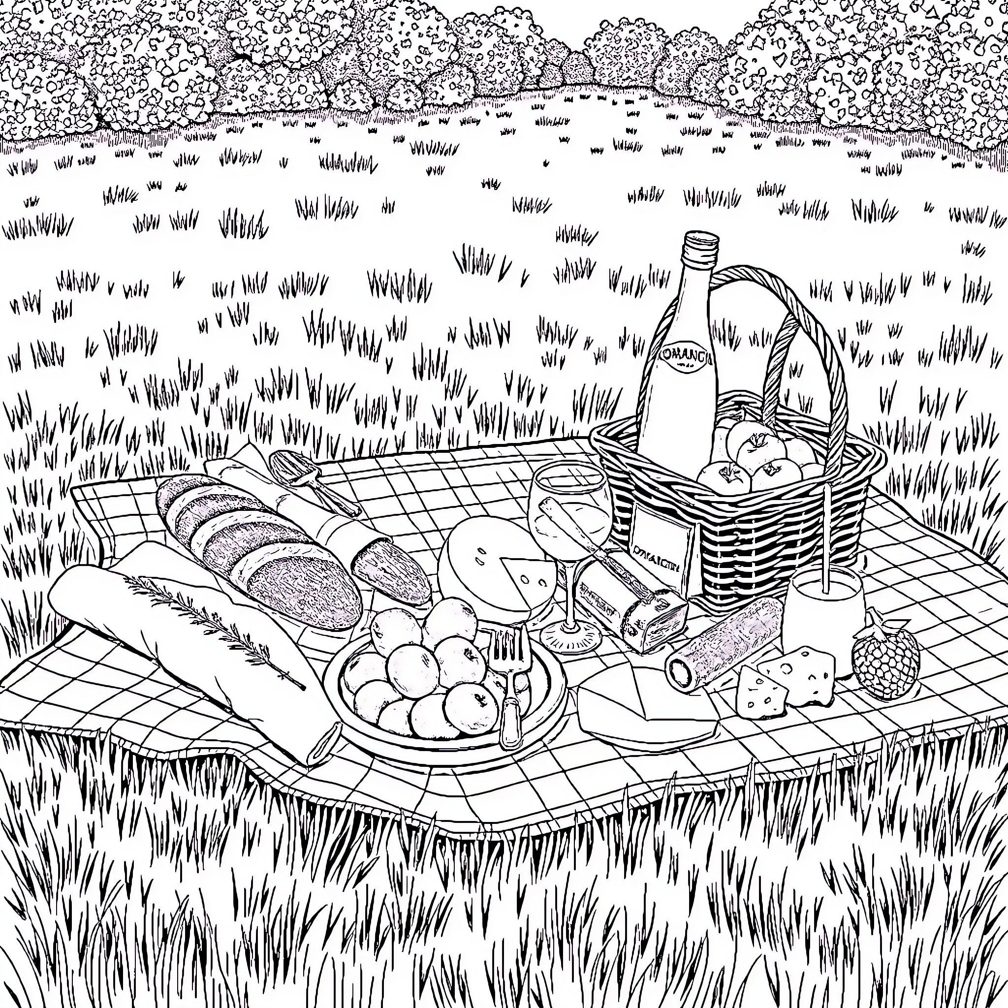 Picnic in the Peaceful Countryside Coloring Page (free black-and-white line drawing printable PDF for all, from beginners to advanced learners, including children, teens, adults, and seniors)