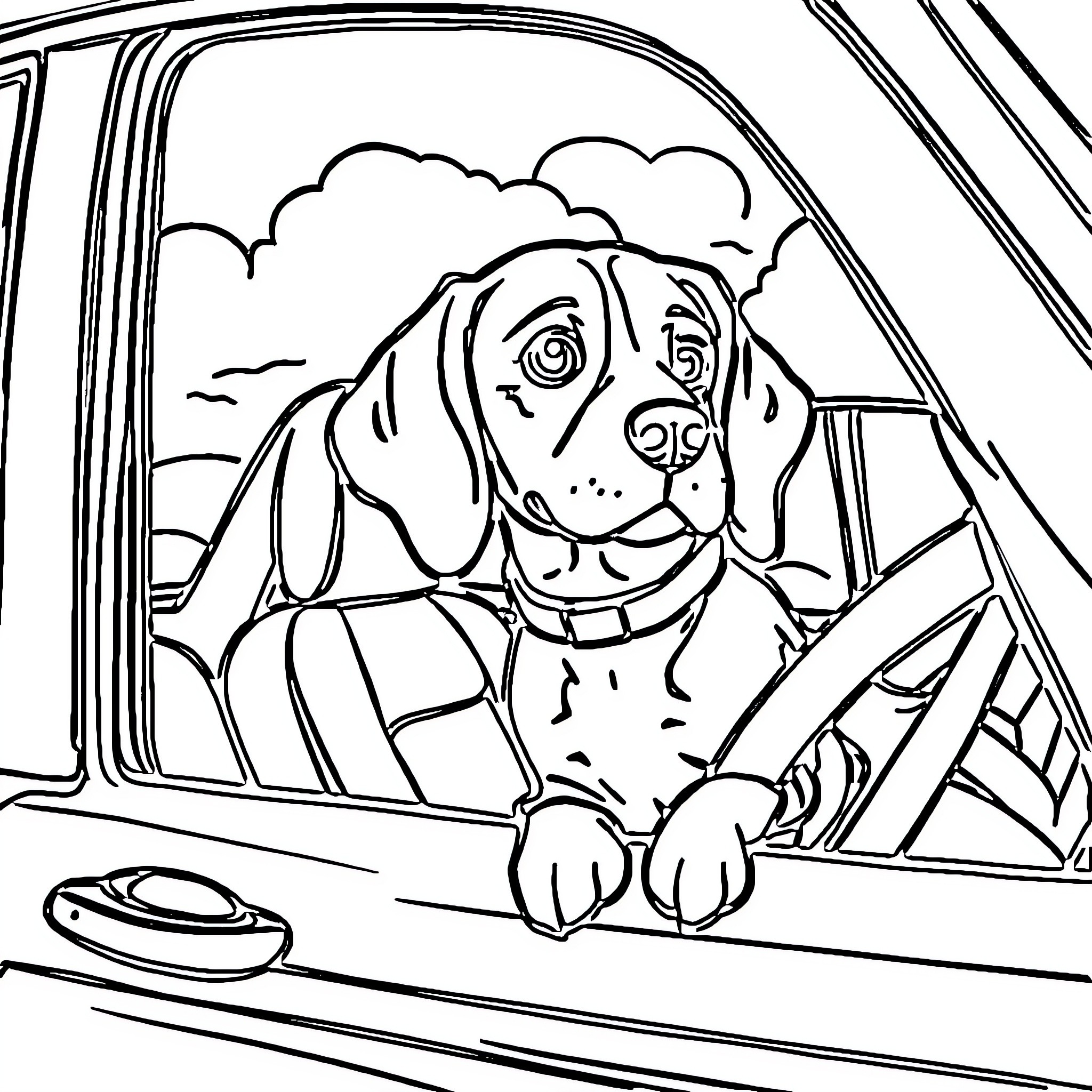 Beagle dog riding in a car Coloring Page (free black-and-white line drawing printable PDF for all, from beginners to advanced learners, including children, teens, adults, and seniors)