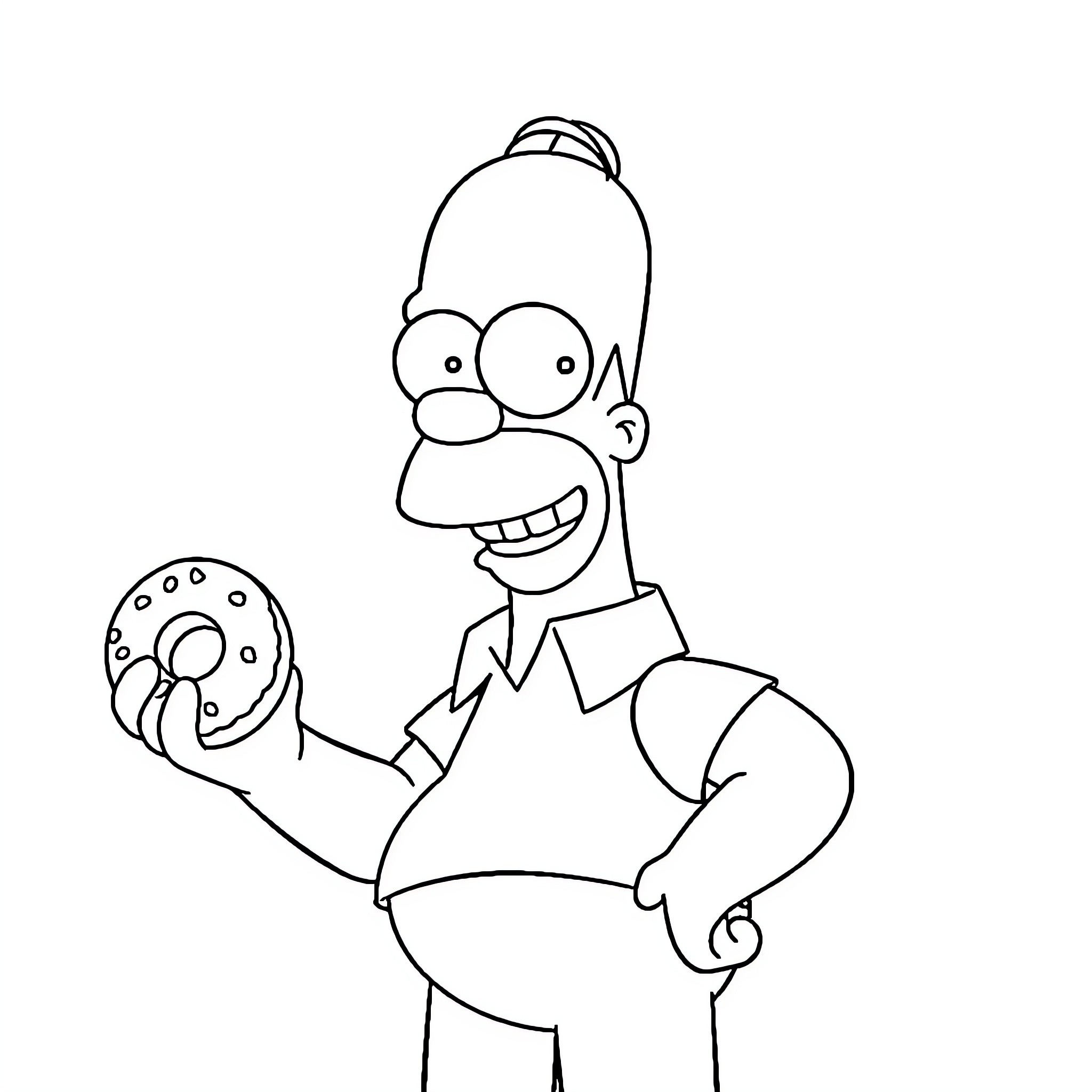 Homer Simpson enjoying a doughnut Coloring Page (free black-and-white line drawing printable PDF for all, from beginners to advanced learners, including children, teens, adults, and seniors)