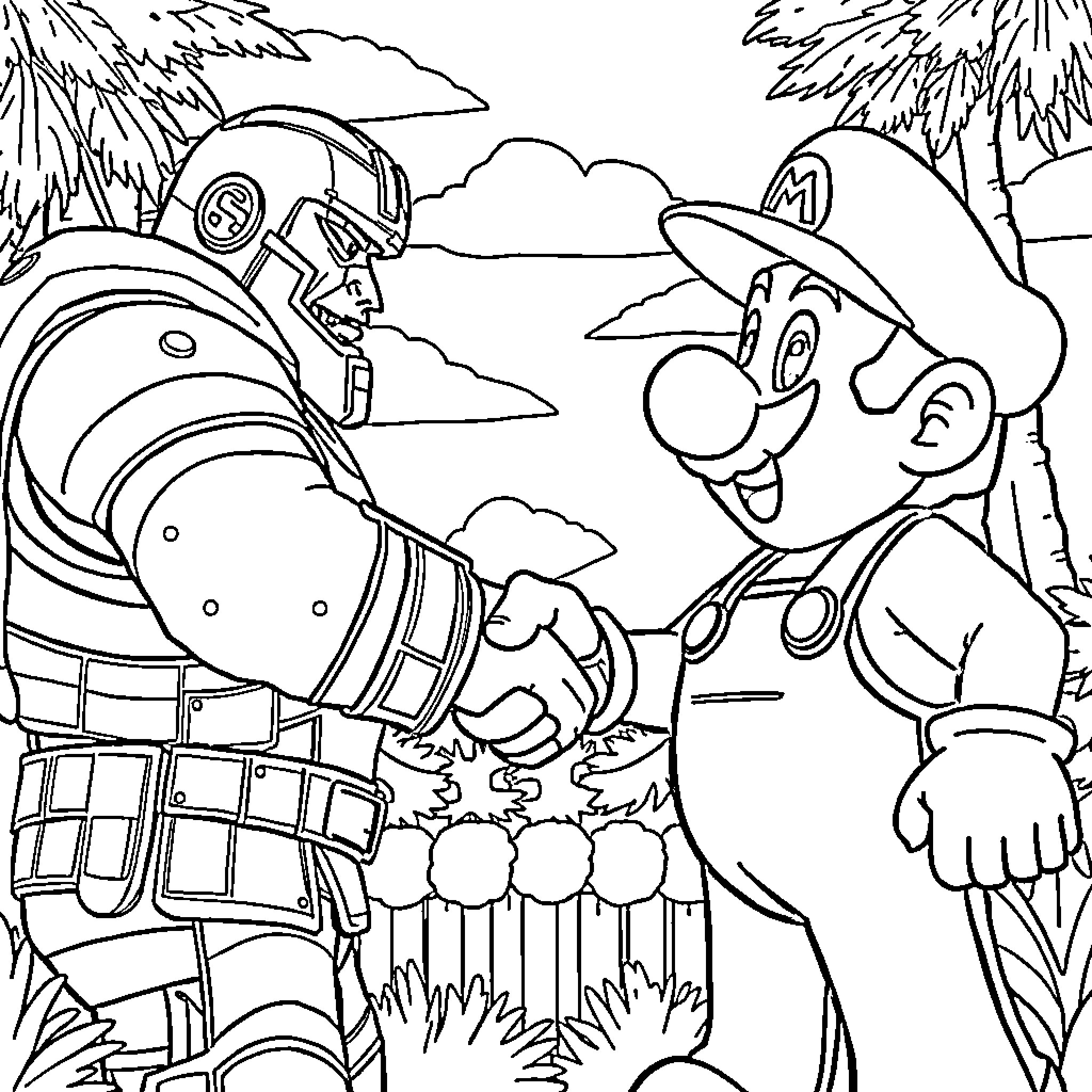 Marcus and Mario Shake Hands in the Jungle Coloring Page (free black-and-white line drawing printable PDF for all, from beginners to advanced learners, including children, teens, adults, and seniors)