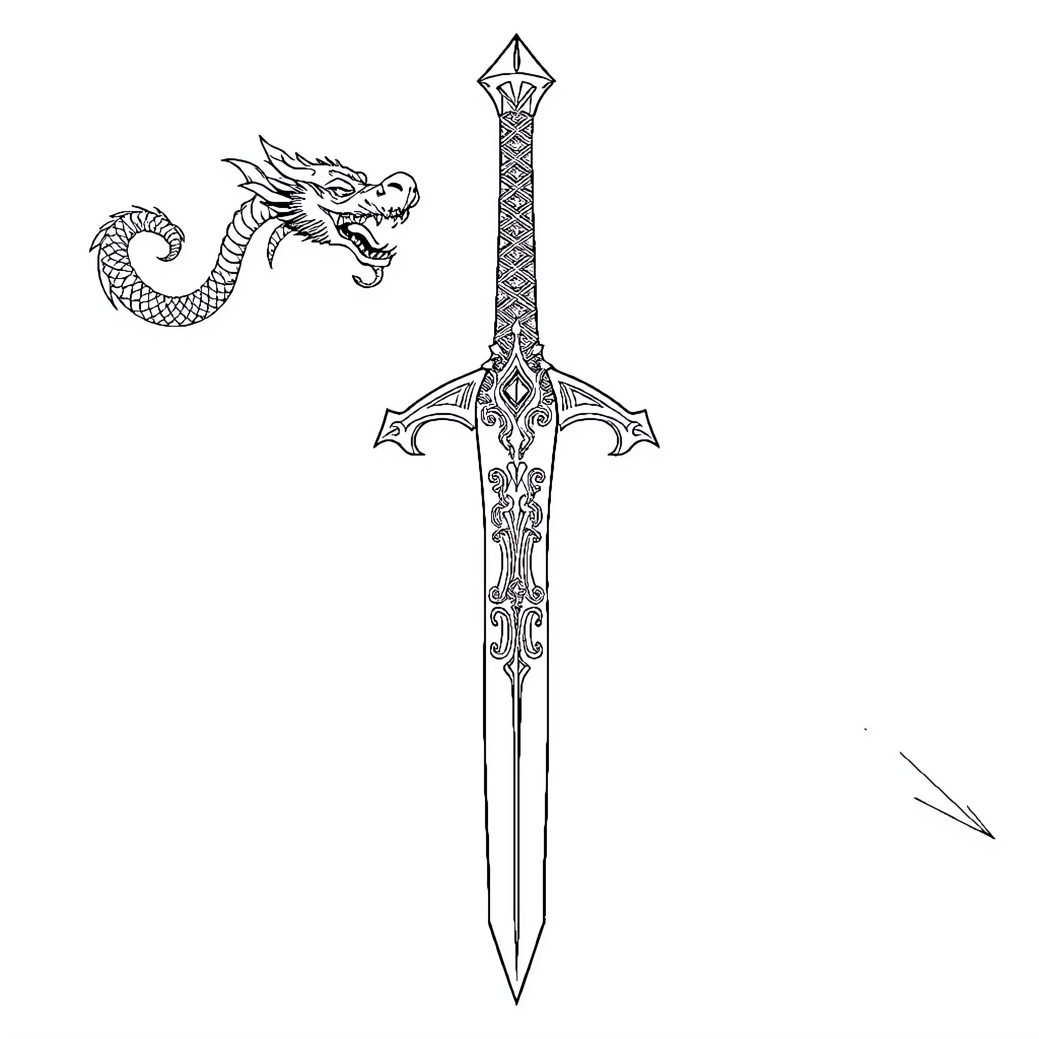 Dragon-themed Sword with Intricate Detailing Coloring Page (free black-and-white line drawing printable PDF for all, from beginners to advanced learners, including children, teens, adults, and seniors)