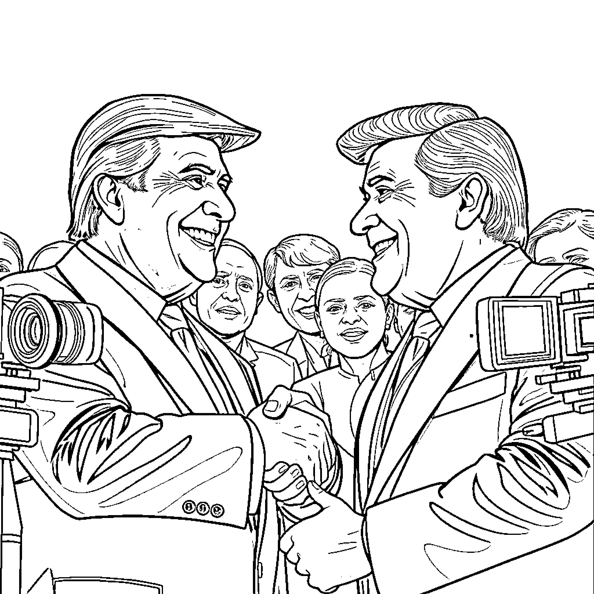 Politician Shaking Hands with Reporters at Press Conference Coloring Page (free black-and-white line drawing printable PDF for all, from beginners to advanced learners, including children, teens, adults, and seniors)