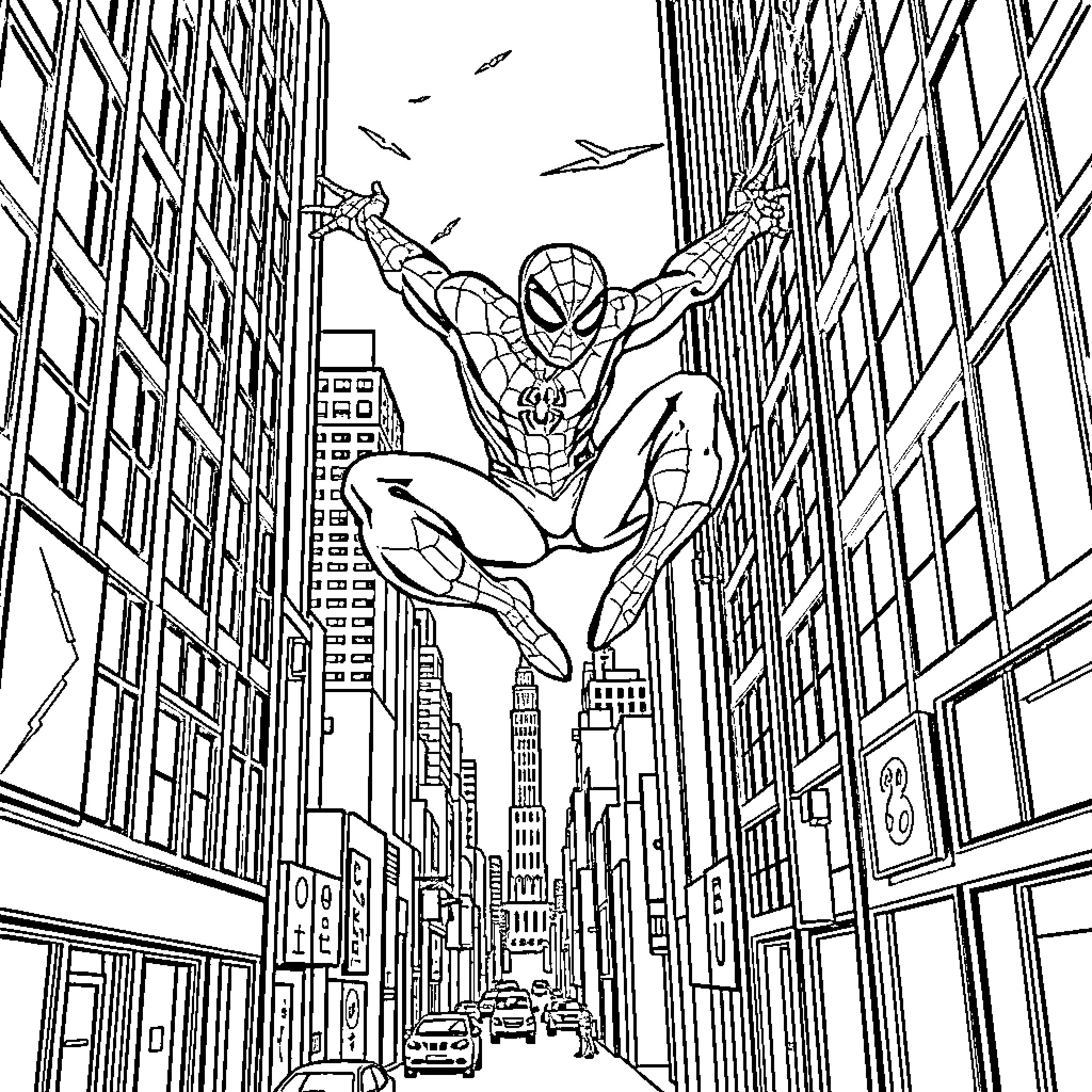 Spiderman swinging through the city skyline Coloring Page (free black-and-white line drawing printable PDF for all, from beginners to advanced learners, including children, teens, adults, and seniors)