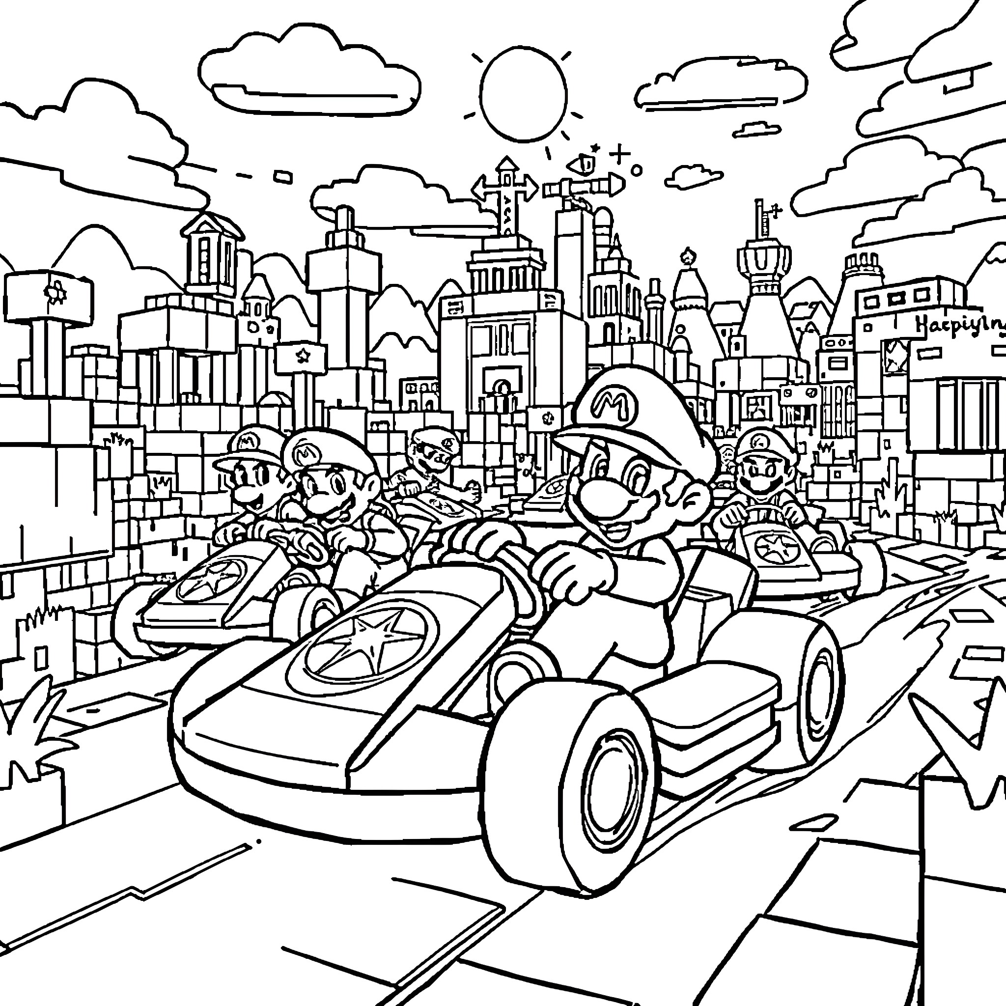 Mario's Exciting City Adventure in a Speedy Kart Coloring Page (free black-and-white line drawing printable PDF for all, from beginners to advanced learners, including children, teens, adults, and seniors)