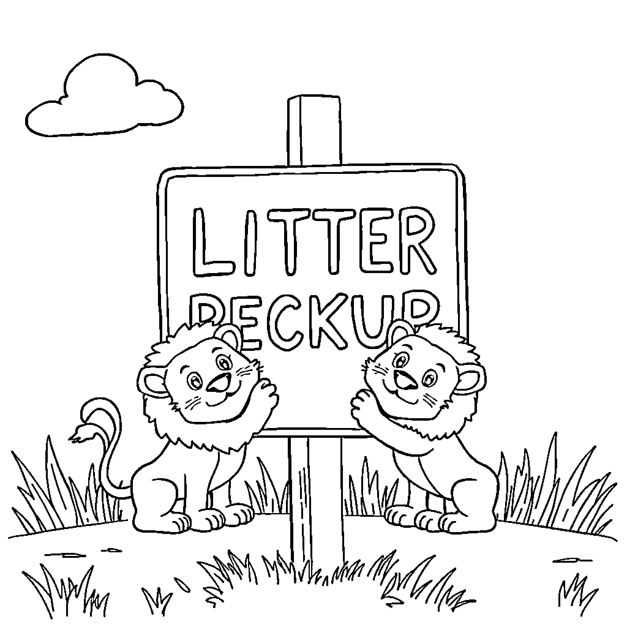 Lion Pals Hold Litter Pickup Sign Coloring Page (free black-and-white line drawing printable PDF for all, from beginners to advanced learners, including children, teens, adults, and seniors)