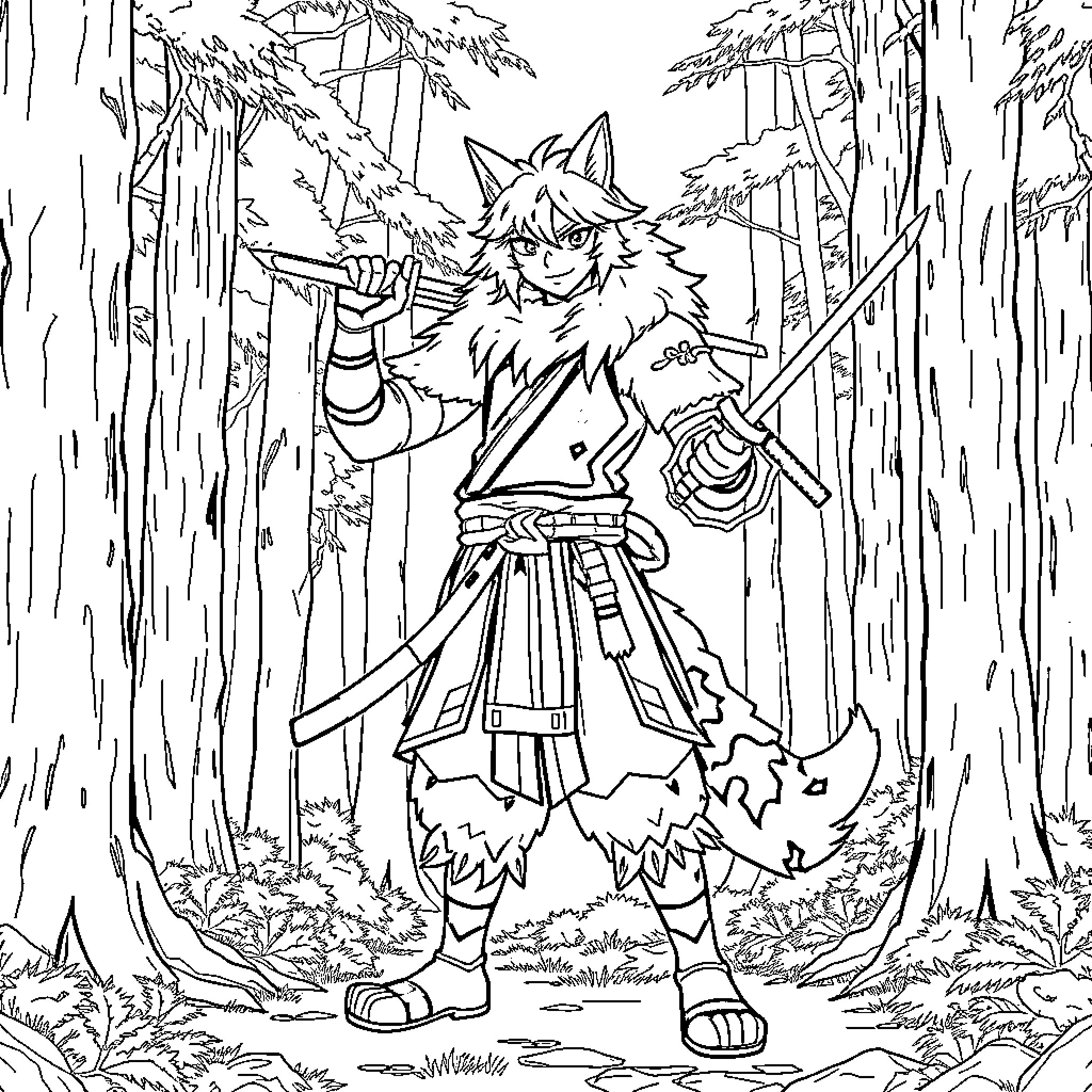 Inosuke exploring the forest with determination Coloring Page (free black-and-white line drawing printable PDF for all, from beginners to advanced learners, including children, teens, adults, and seniors)