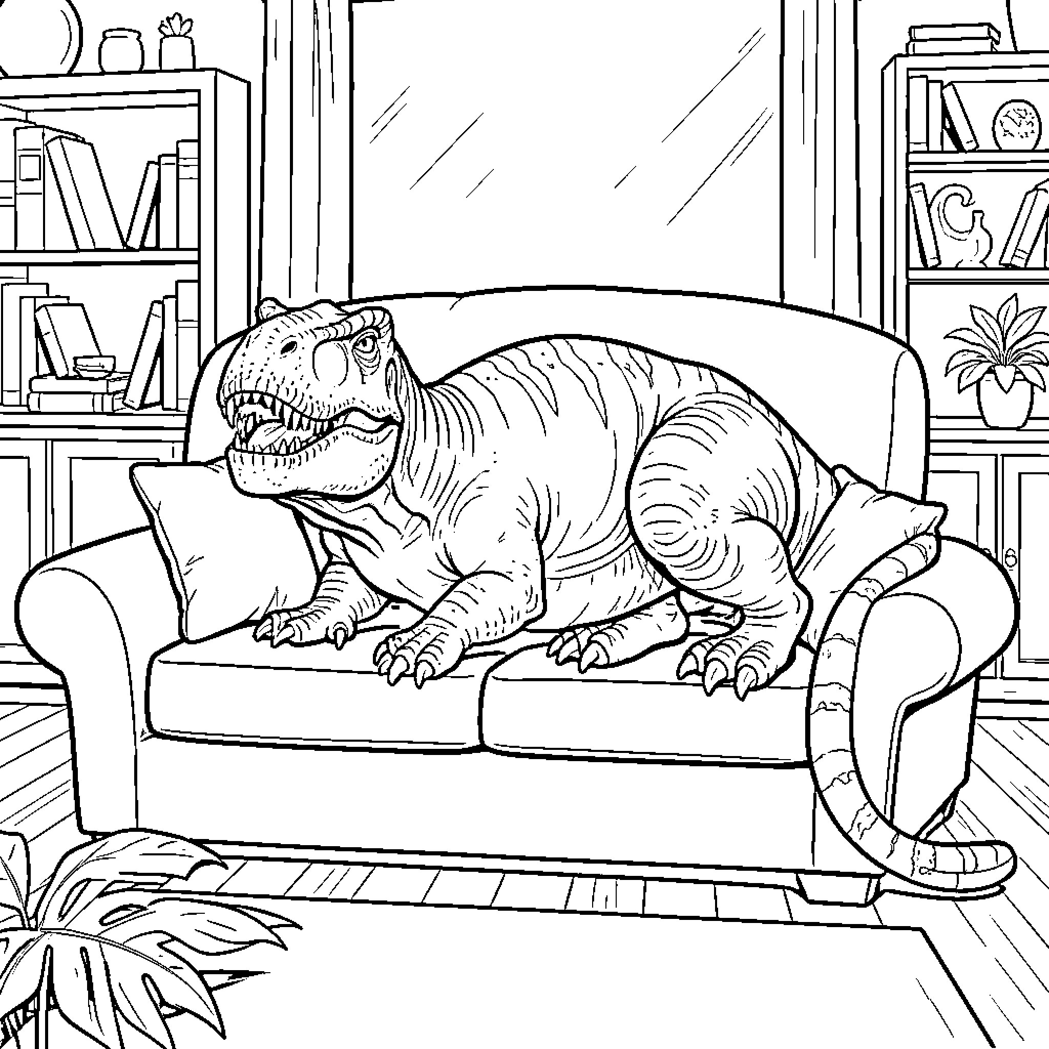 Dinosaur relaxing comfortably on a living room sofa Coloring Page (free black-and-white line drawing printable PDF for all, from beginners to advanced learners, including children, teens, adults, and seniors)