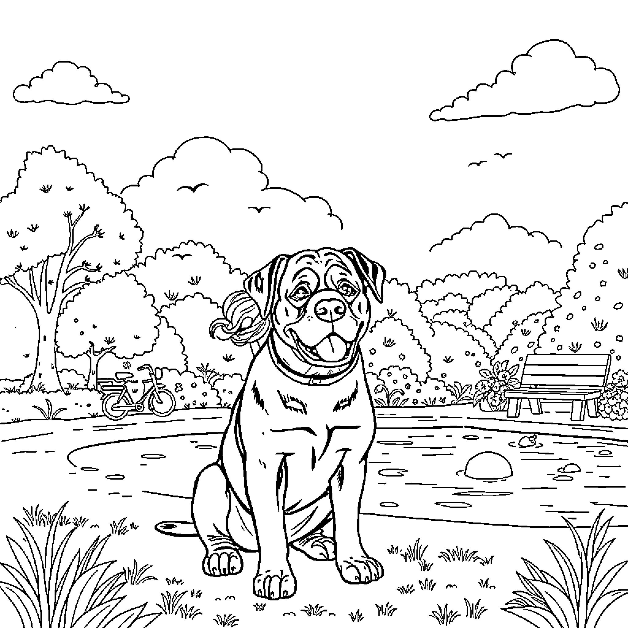 Rottweiler enjoying a peaceful day in the park Coloring Page (free black-and-white line drawing printable PDF for all, from beginners to advanced learners, including children, teens, adults, and seniors)