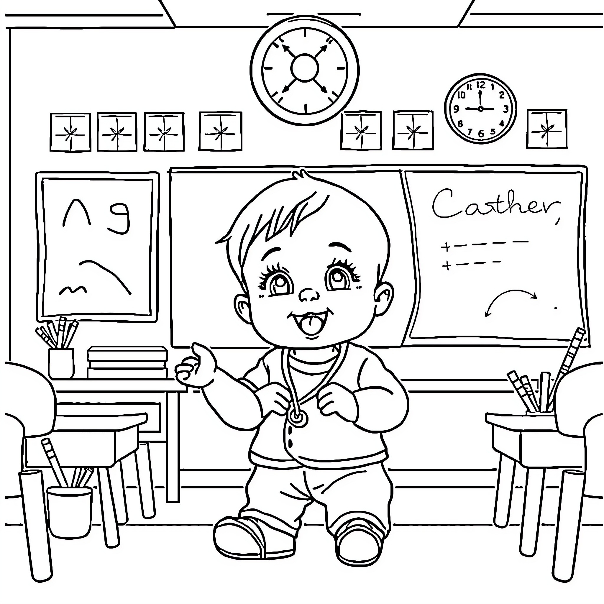 Baby enjoying learning in classroom Coloring Page (free black-and-white line drawing printable PDF for all, from beginners to advanced learners, including children, teens, adults, and seniors)