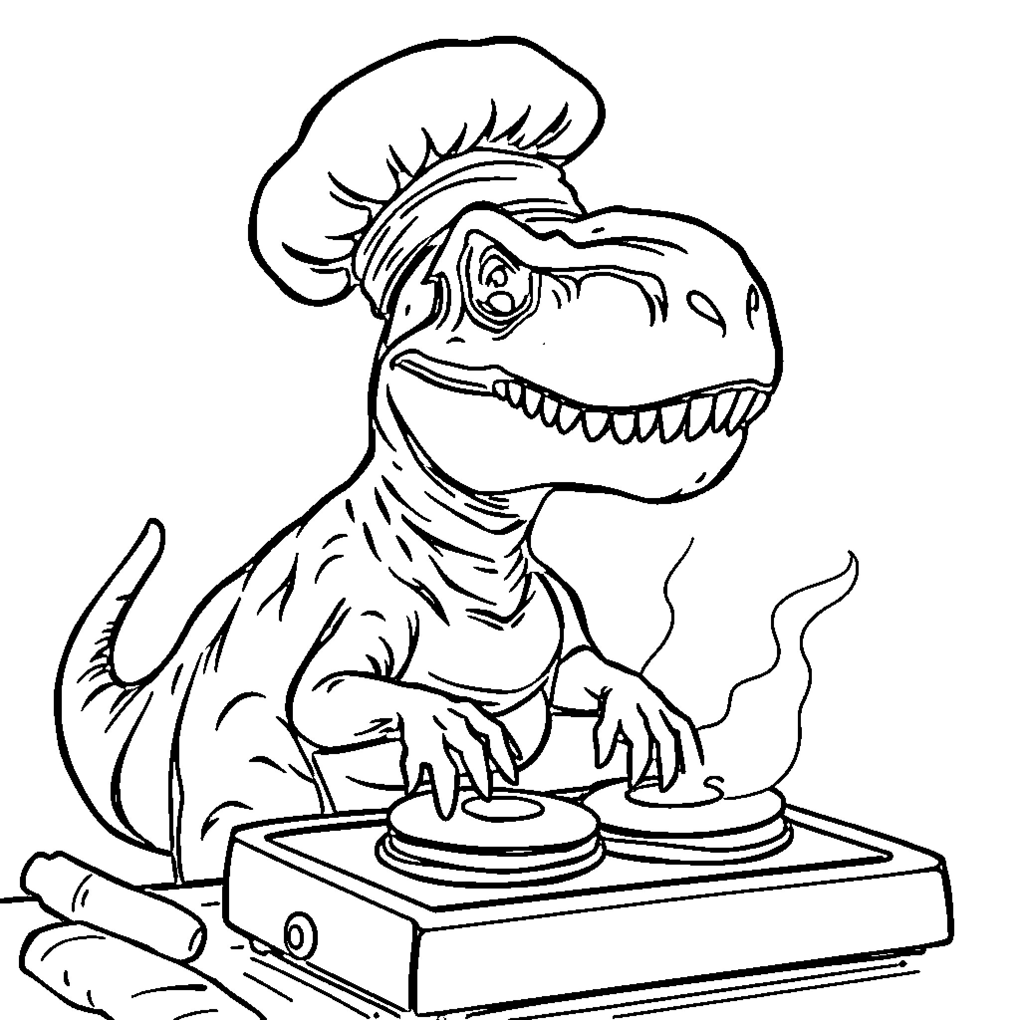 T-Rex Cooking Up a Storm in the Kitchen Coloring Page (free black-and-white line drawing printable PDF for all, from beginners to advanced learners, including children, teens, adults, and seniors)