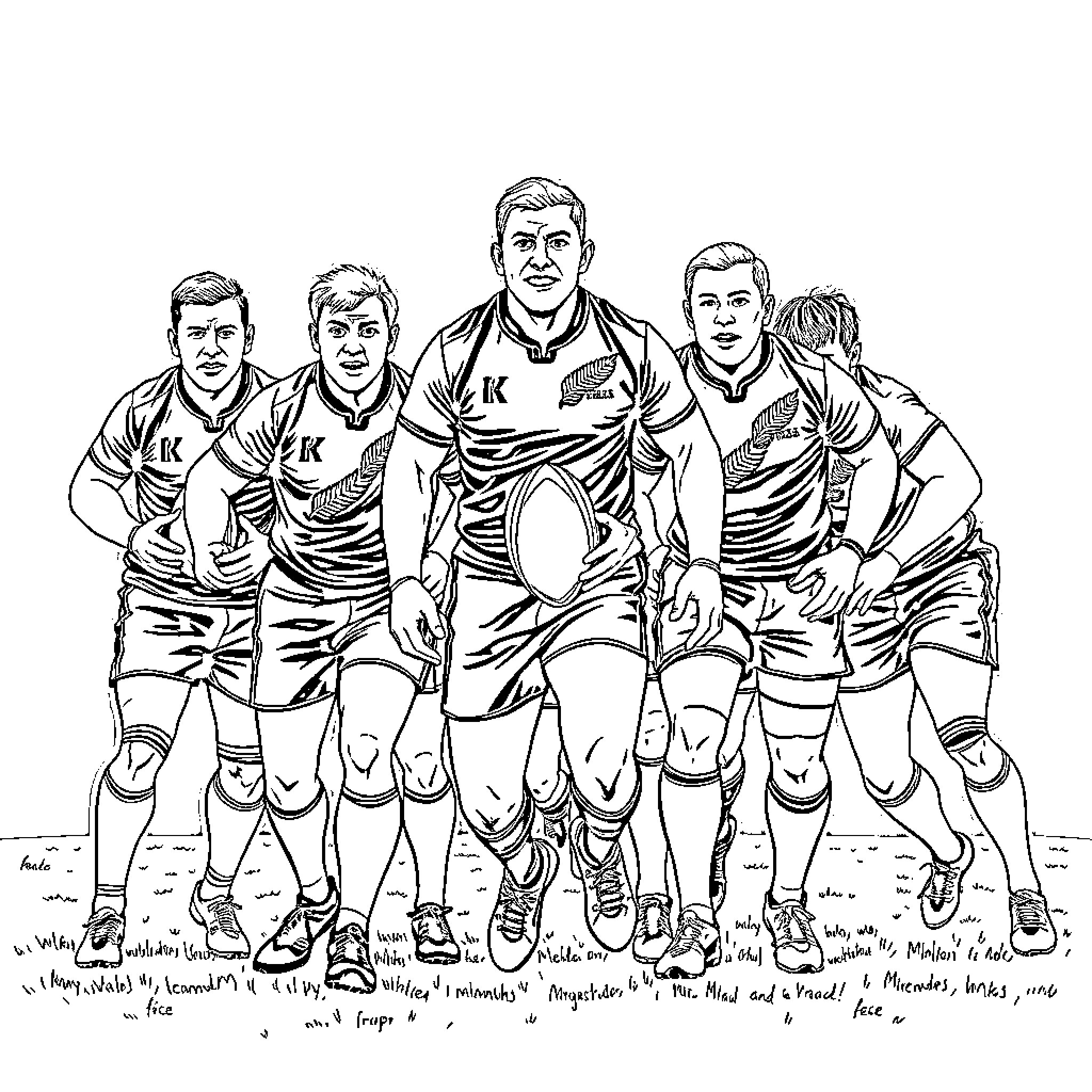 All Blacks rugby players in action-packed formation Coloring Page (free black-and-white line drawing printable PDF for all, from beginners to advanced learners, including children, teens, adults, and seniors)