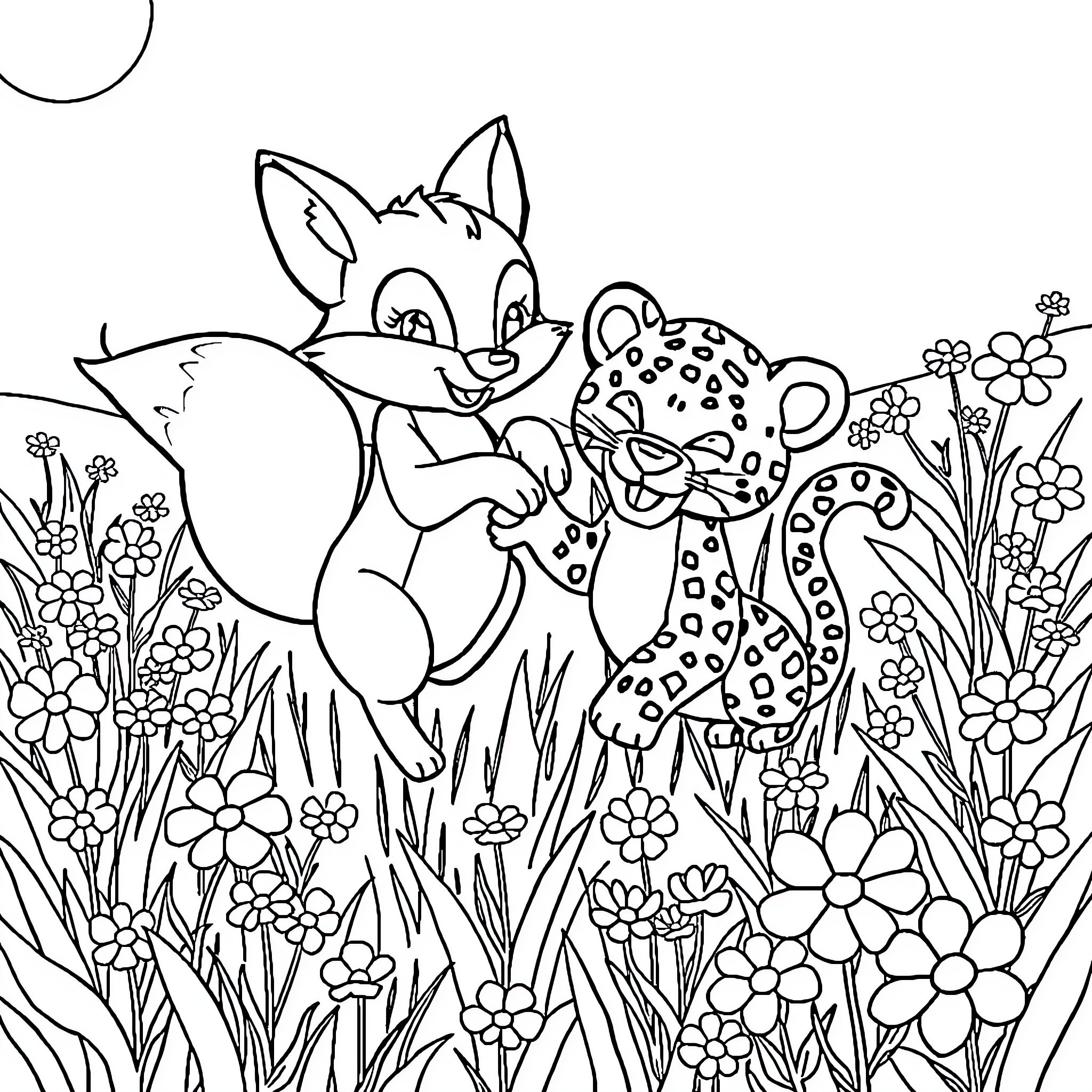 Fox and Leopard Cub Explore Flowery Meadow Coloring Page (free black-and-white line drawing printable PDF for all, from beginners to advanced learners, including children, teens, adults, and seniors)
