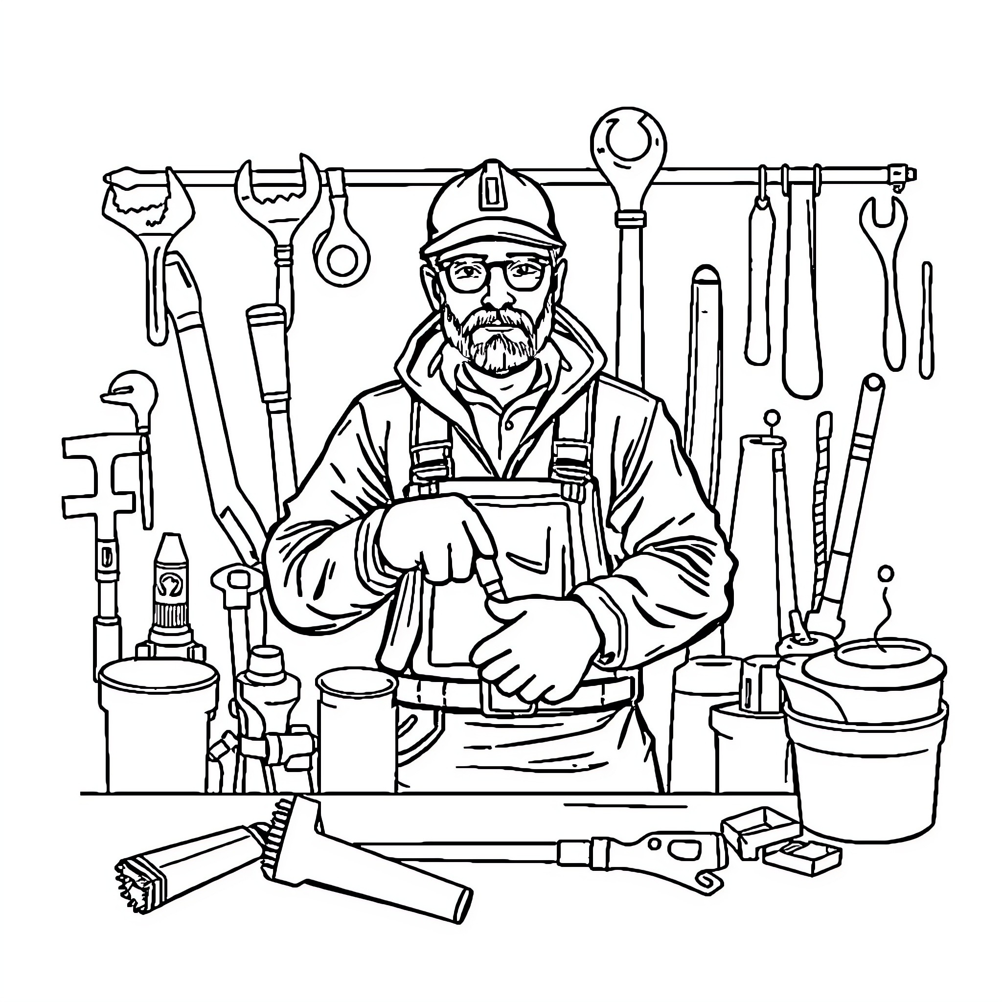 Occupations of a Skilled Mechanic at Work Coloring Page (free black-and-white line drawing printable PDF for all, from beginners to advanced learners, including children, teens, adults, and seniors)