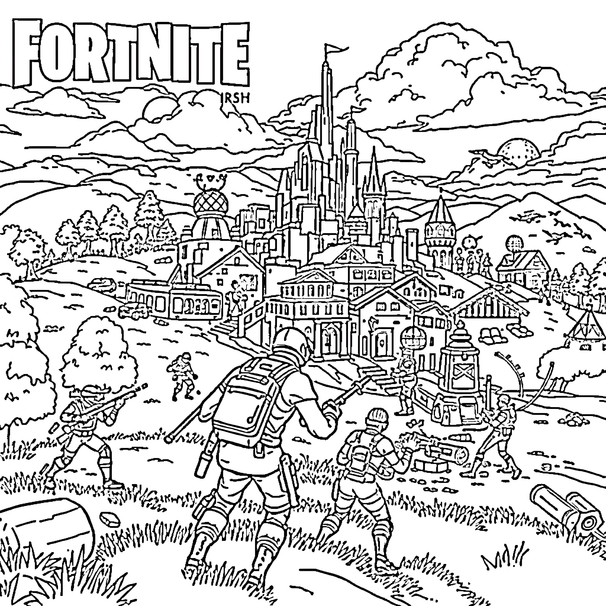 Fortnite characters exploring a fantastical landscape Coloring Page (free black-and-white line drawing printable PDF for all, from beginners to advanced learners, including children, teens, adults, and seniors)