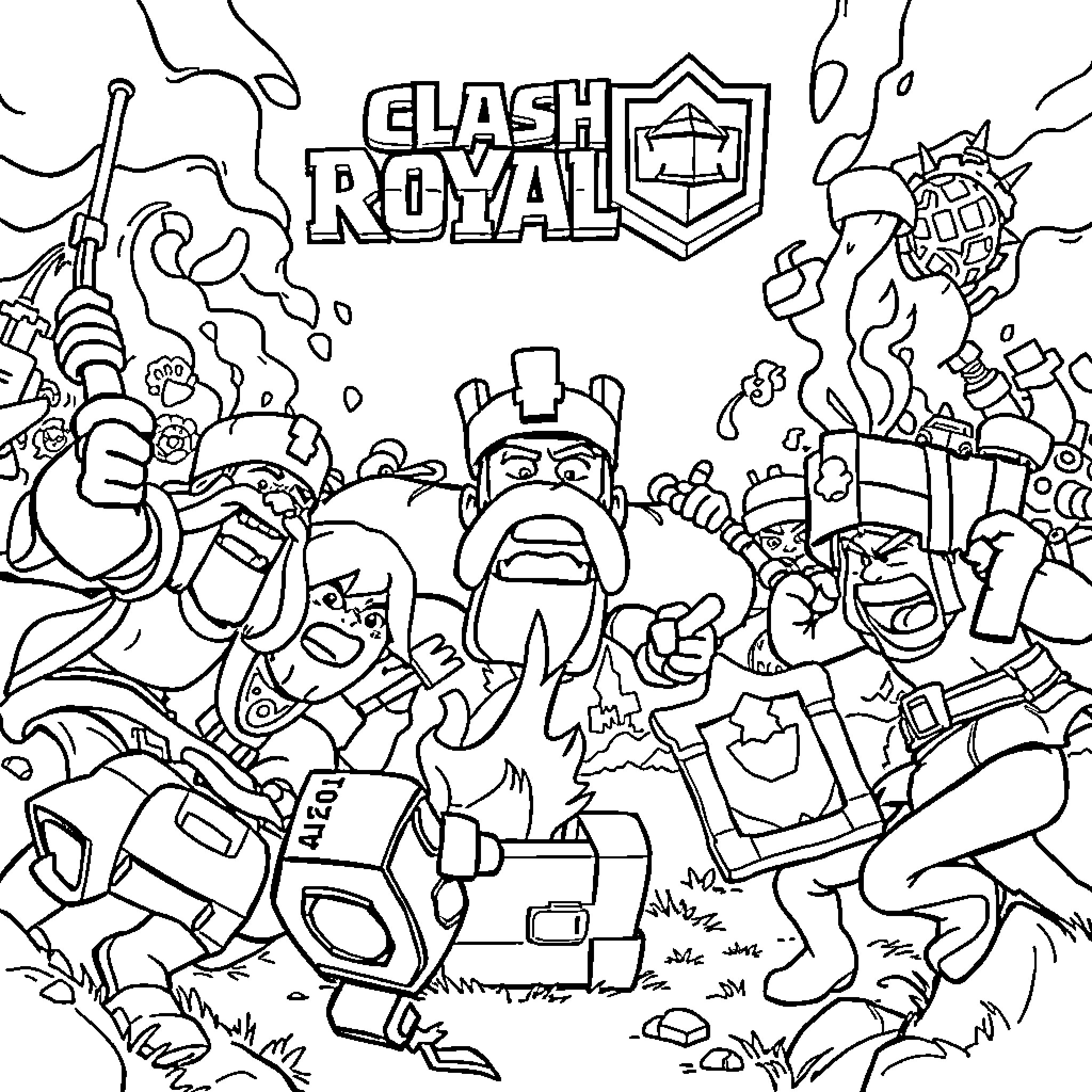 Clash Royale - Epic Battle Scene of Game Characters Coloring Page (free black-and-white line drawing printable PDF for all, from beginners to advanced learners, including children, teens, adults, and seniors)