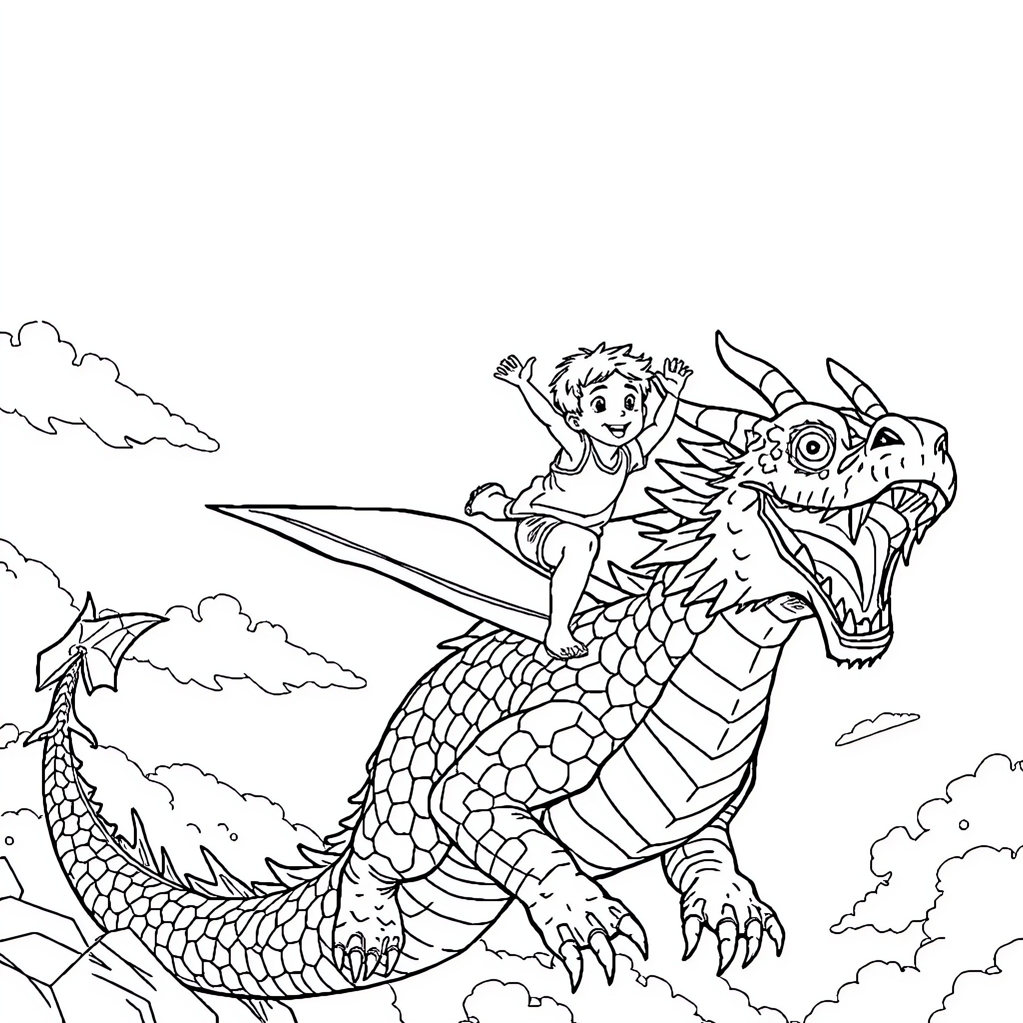 Boy riding a fierce dragon in the sky Coloring Page (free black-and-white line drawing printable PDF for all, from beginners to advanced learners, including children, teens, adults, and seniors)