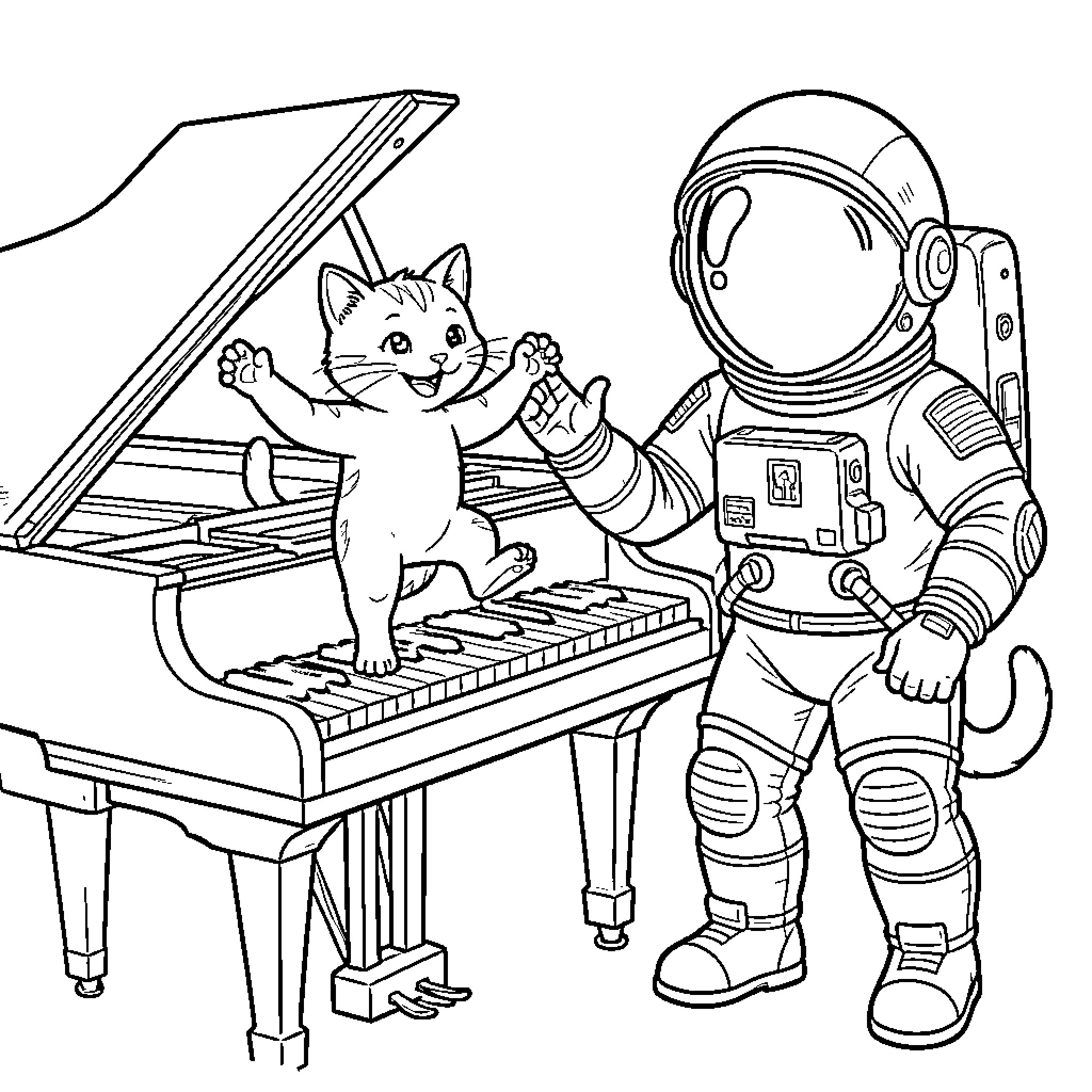 Gato playing piano with astronaut Coloring Page (free black-and-white line drawing printable PDF for all, from beginners to advanced learners, including children, teens, adults, and seniors)