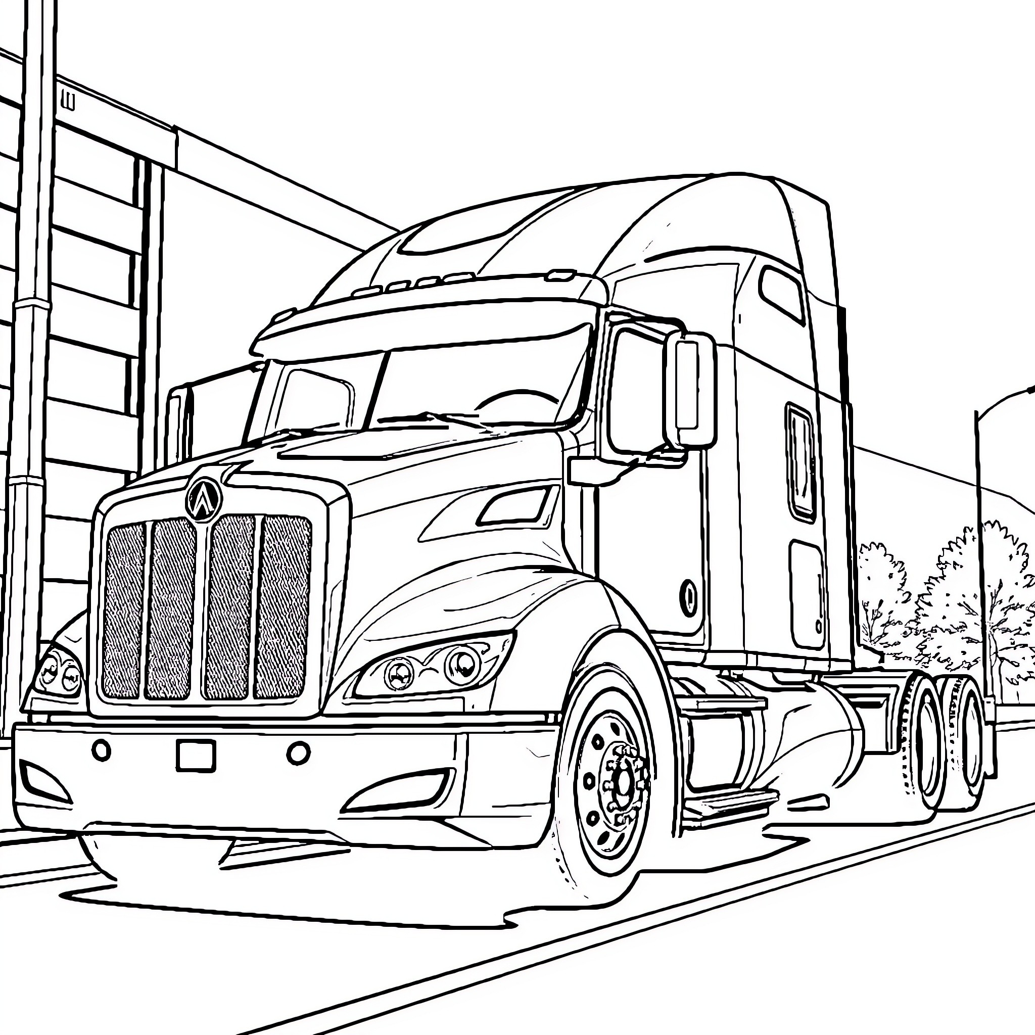 Kenworth Truck hauling cargo on the road Coloring Page (free black-and-white line drawing printable PDF for all, from beginners to advanced learners, including children, teens, adults, and seniors)