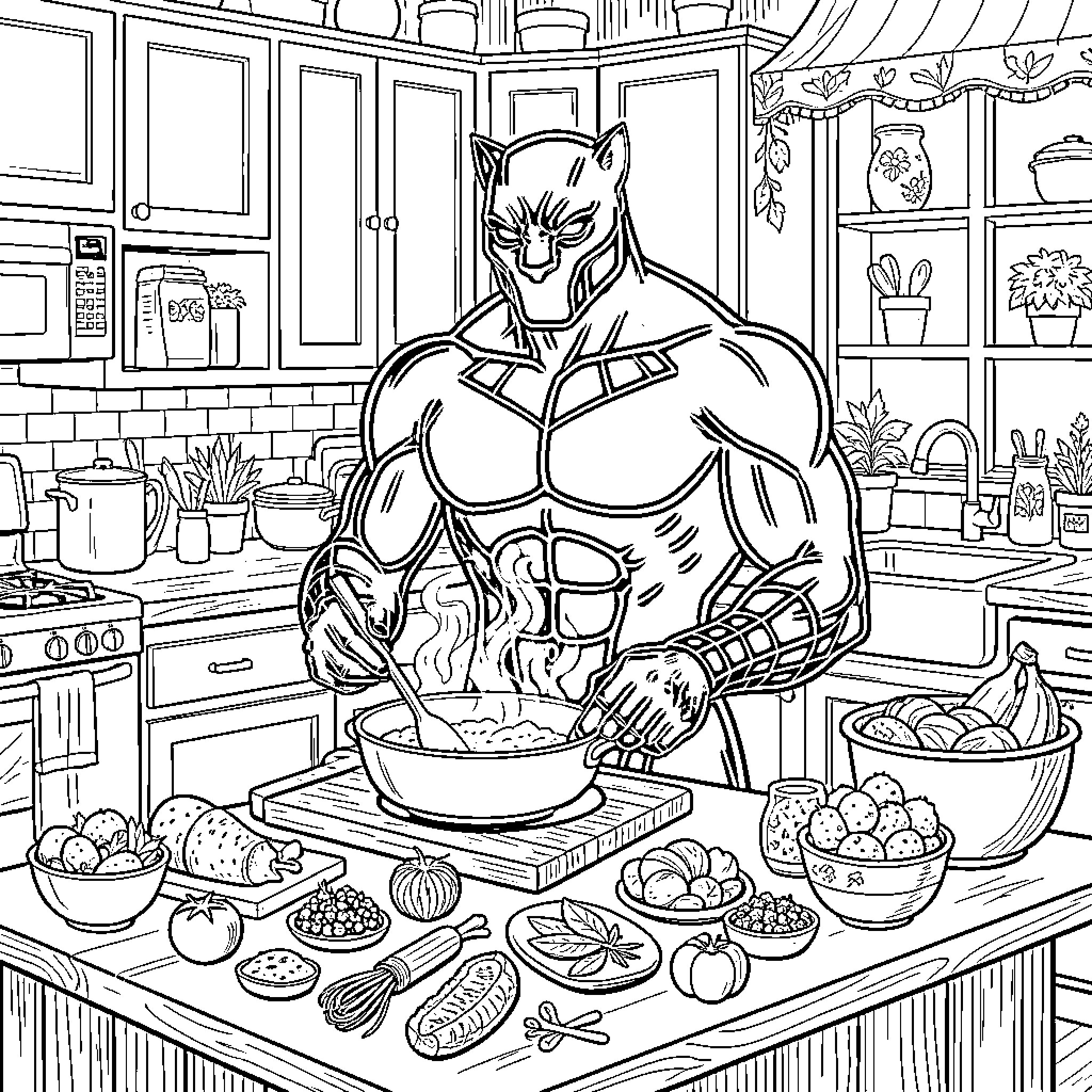 Panther cooking up a storm in the kitchen Coloring Page (free black-and-white line drawing printable PDF for all, from beginners to advanced learners, including children, teens, adults, and seniors)