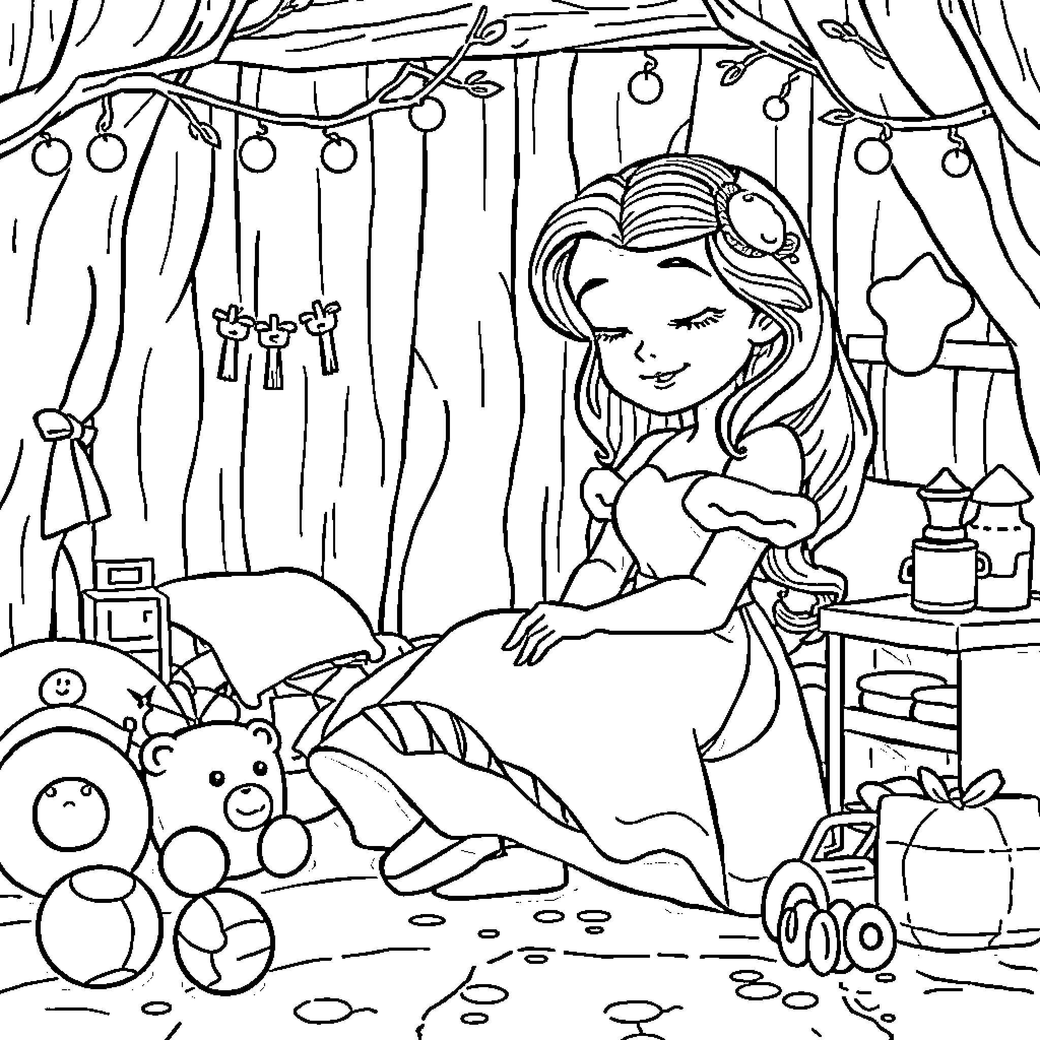 Sleeping Beauty napping peacefully in her cozy bedroom Coloring Page (free black-and-white line drawing printable PDF for all, from beginners to advanced learners, including children, teens, adults, and seniors)