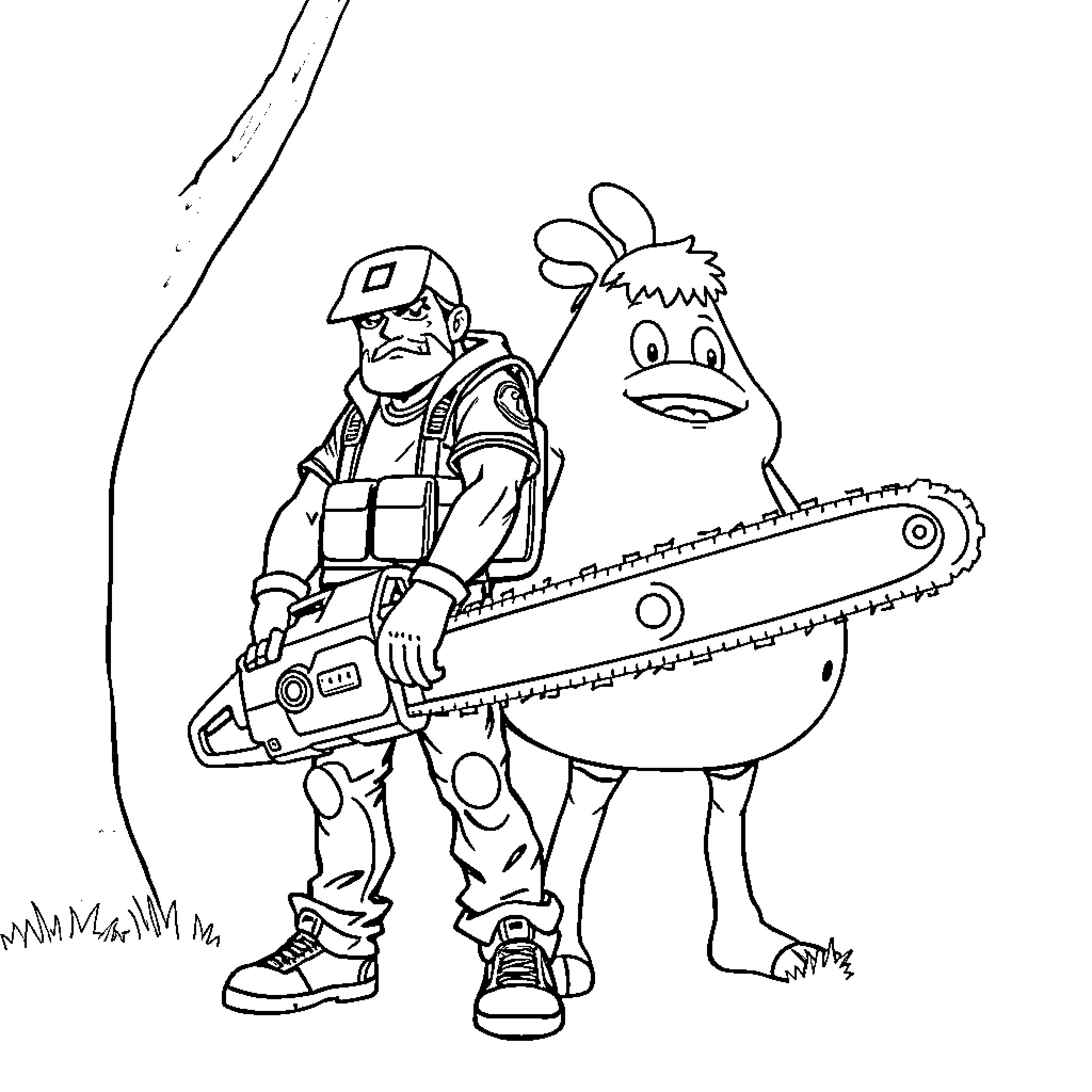 Chainsaw Man standing with a large bird Coloring Page (free black-and-white line drawing printable PDF for all, from beginners to advanced learners, including children, teens, adults, and seniors)