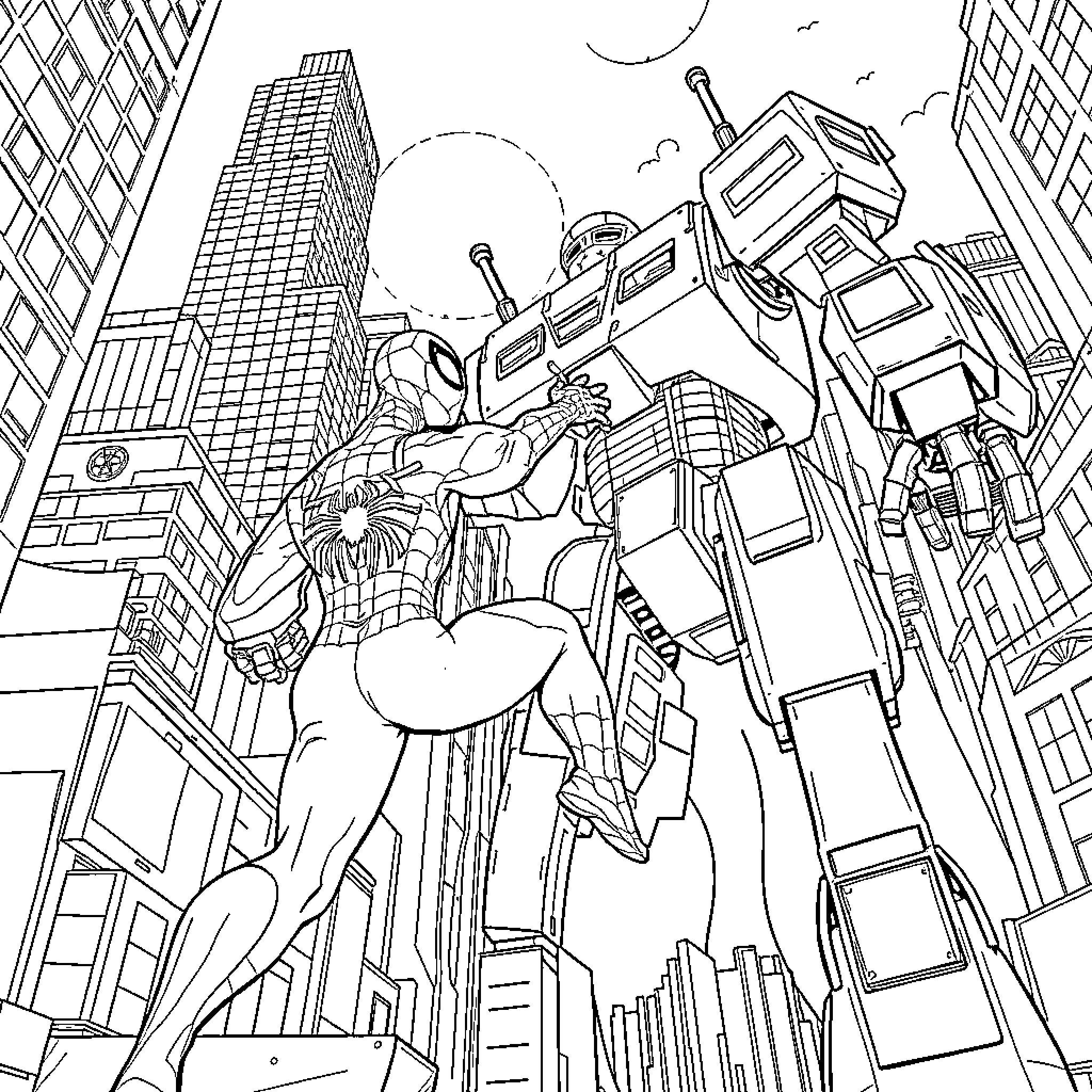 Spider-Hero swinging through futuristic city skyline Coloring Page (free black-and-white line drawing printable PDF for all, from beginners to advanced learners, including children, teens, adults, and seniors)