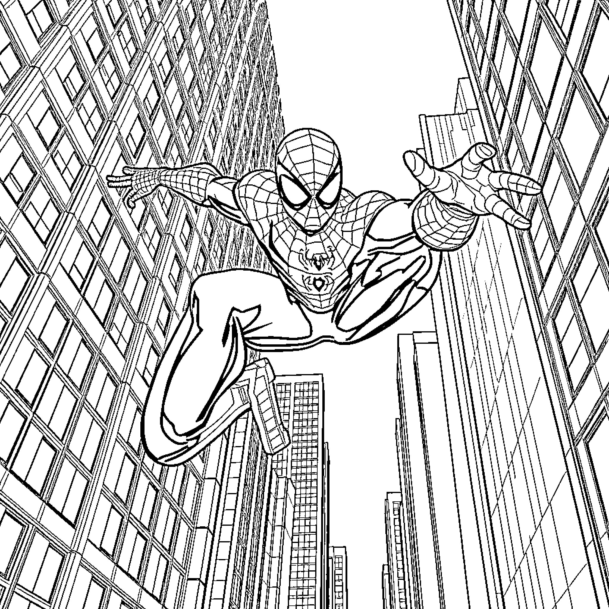 Spider-Man swinging through the city skyline Coloring Page (free black-and-white line drawing printable PDF for all, from beginners to advanced learners, including children, teens, adults, and seniors)