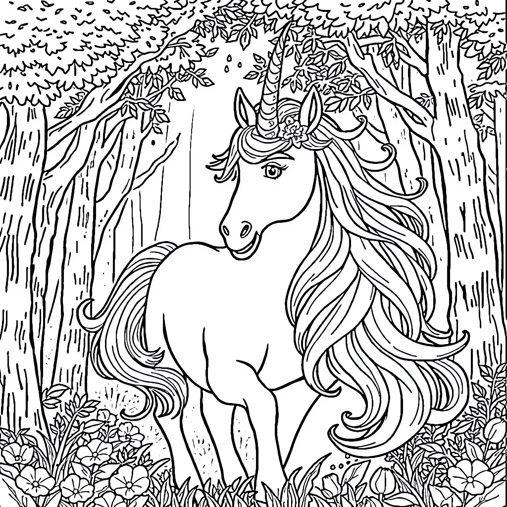 Unicorn in the enchanted forest Coloring Page (free black-and-white line drawing printable PDF for all, from beginners to advanced learners, including children, teens, adults, and seniors)