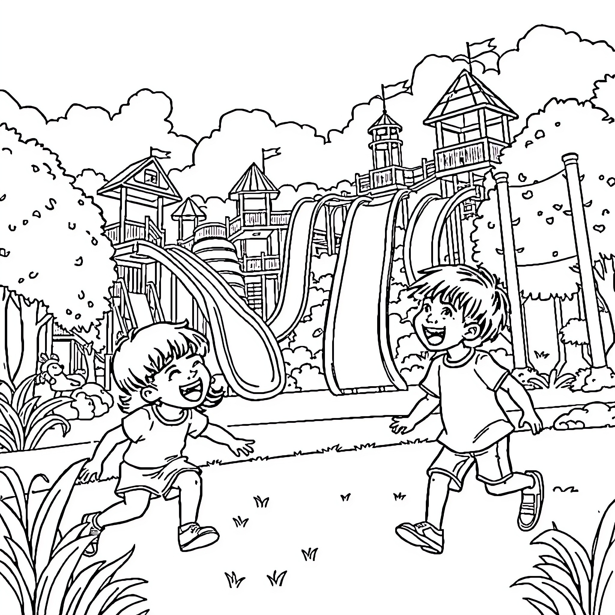 Kid playing at the amusement park Coloring Page (free black-and-white line drawing printable PDF for all, from beginners to advanced learners, including children, teens, adults, and seniors)