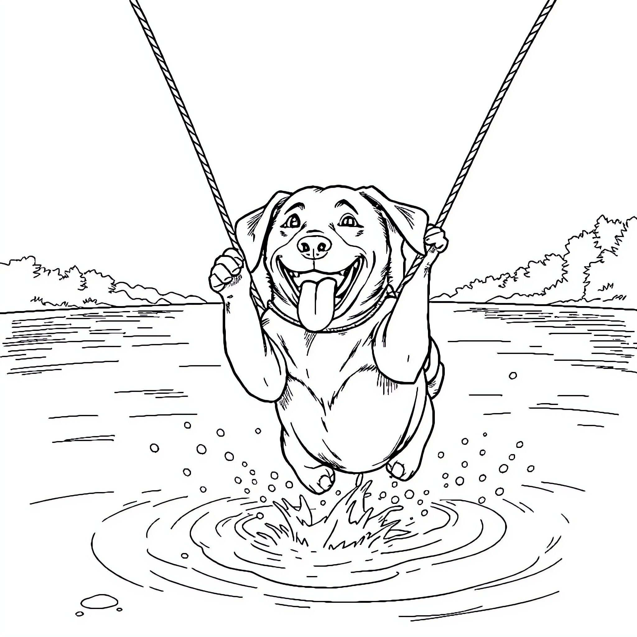 Labrador dog enjoying a swing over the lake Coloring Page (free black-and-white line drawing printable PDF for all, from beginners to advanced learners, including children, teens, adults, and seniors)
