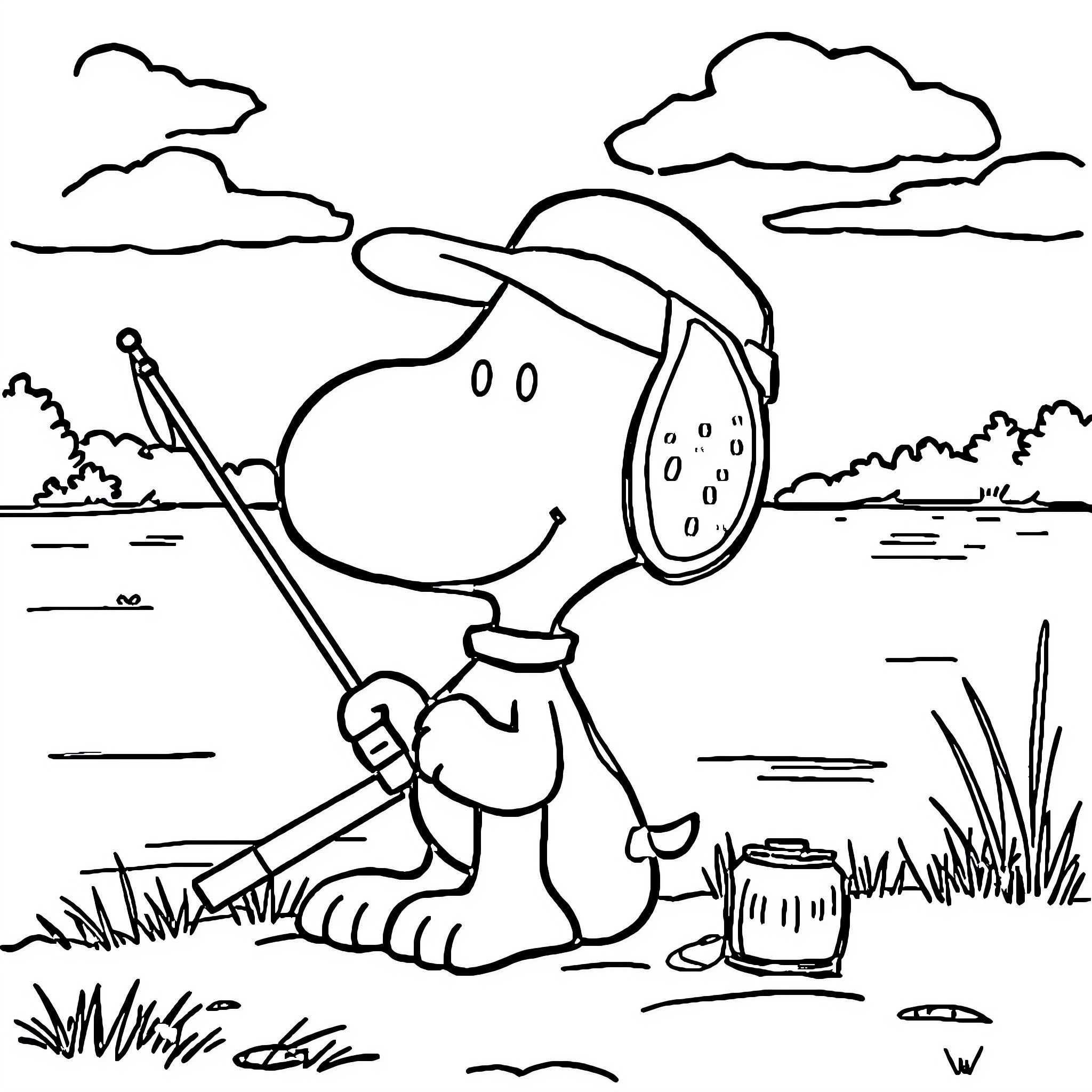 Snoopy exploring the outdoors with his fishing pole Coloring Page (free black-and-white line drawing printable PDF for all, from beginners to advanced learners, including children, teens, adults, and seniors)