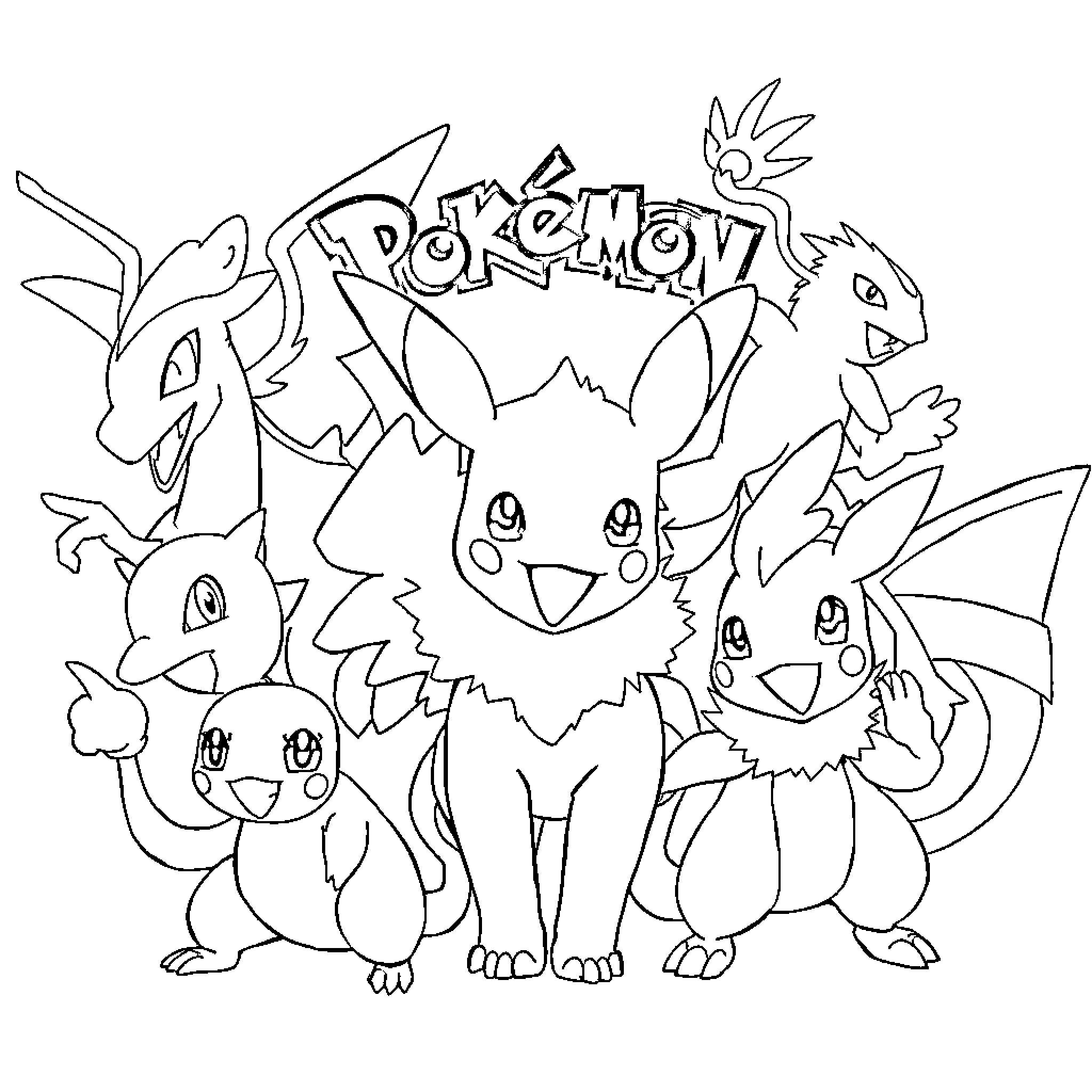 Pokémon characters playing and interacting Coloring Page (free black-and-white line drawing printable PDF for all, from beginners to advanced learners, including children, teens, adults, and seniors)