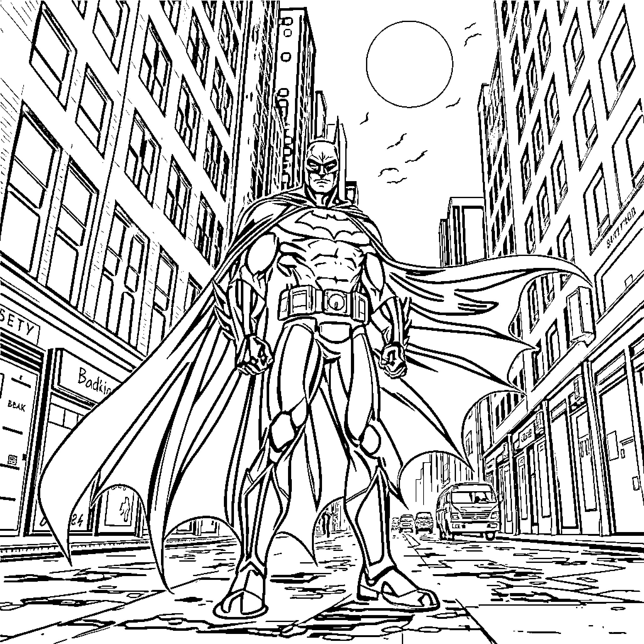 Batman in action on city streets Coloring Page (free black-and-white line drawing printable PDF for all, from beginners to advanced learners, including children, teens, adults, and seniors)