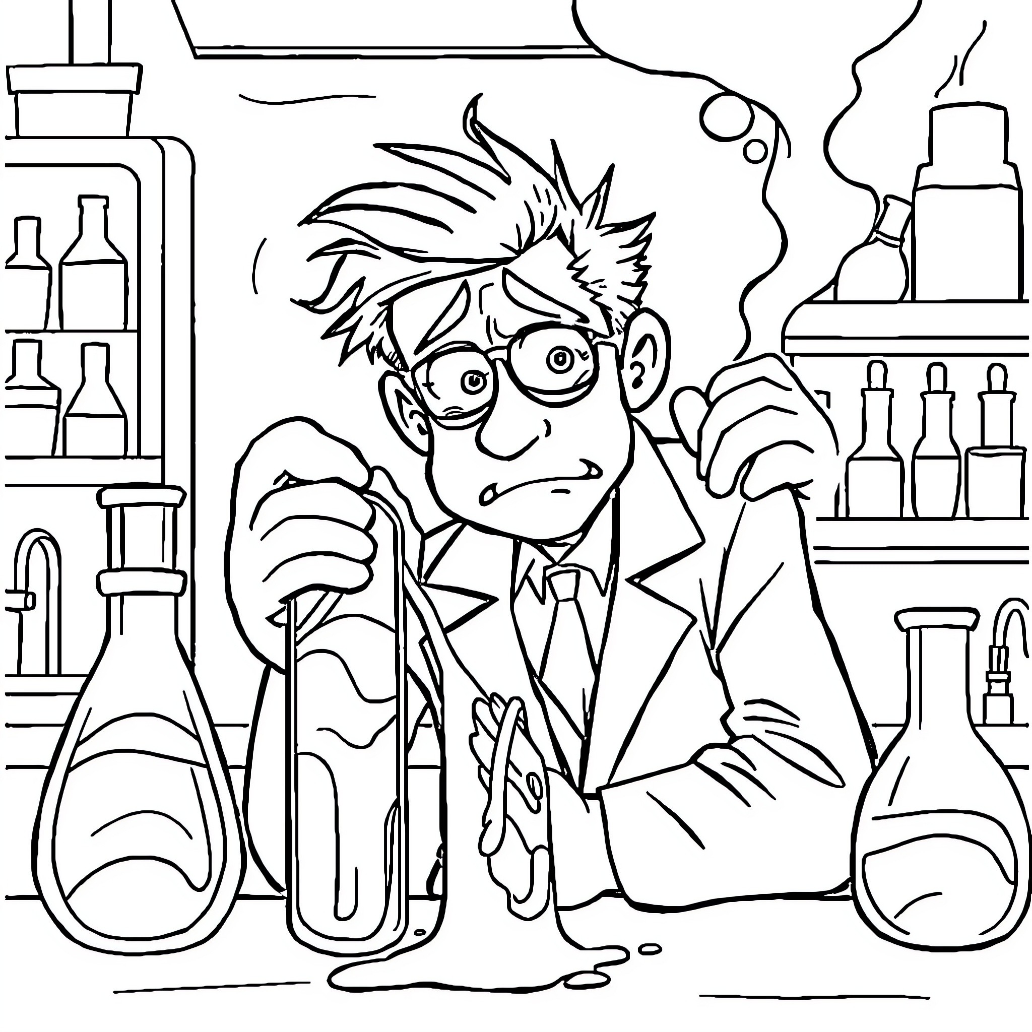 Scientist in a frantic experiment Coloring Page (free black-and-white line drawing printable PDF for all, from beginners to advanced learners, including children, teens, adults, and seniors)