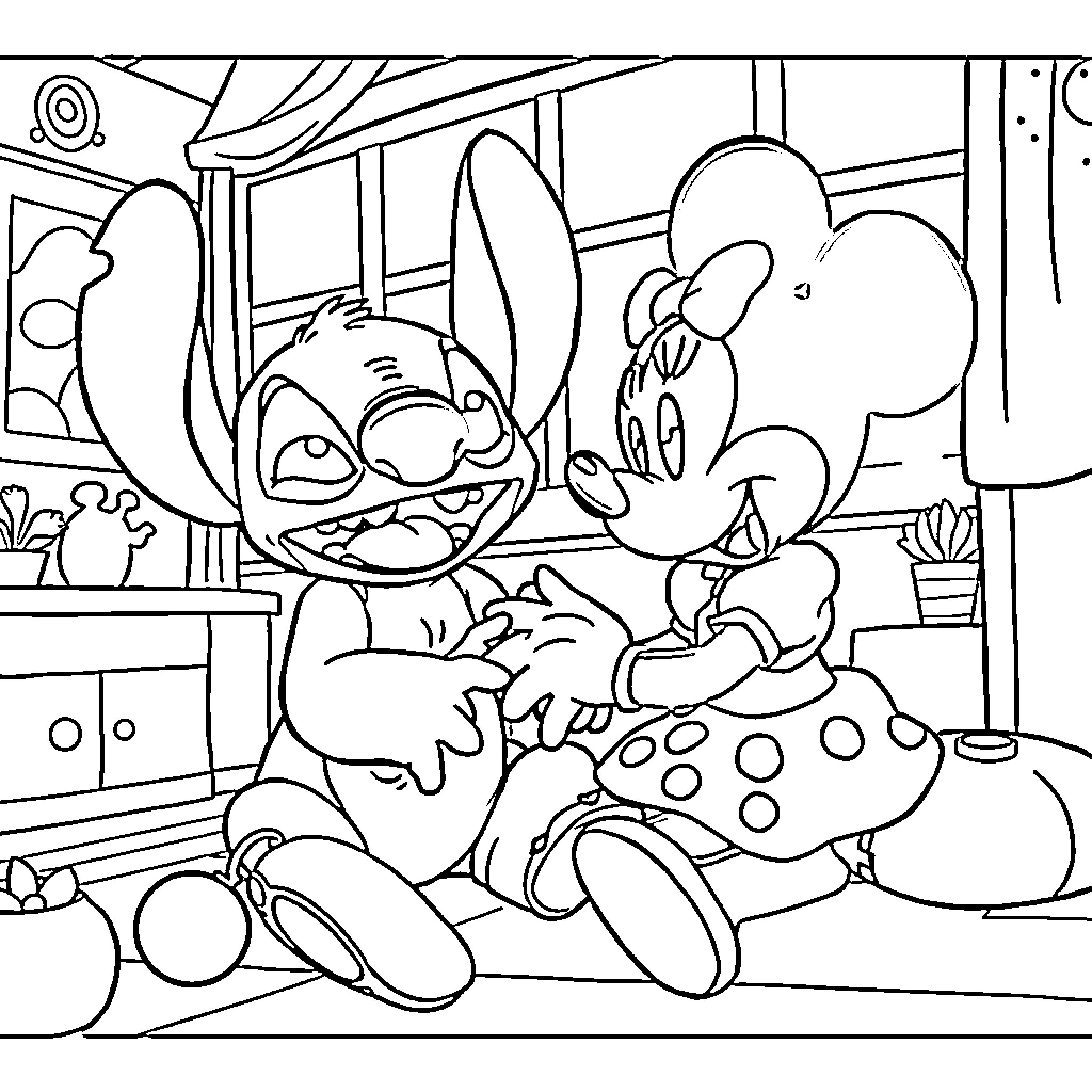 Stitch and Minnie Mouse in Cozy Home Coloring Page (free black-and-white line drawing printable PDF for all, from beginners to advanced learners, including children, teens, adults, and seniors)