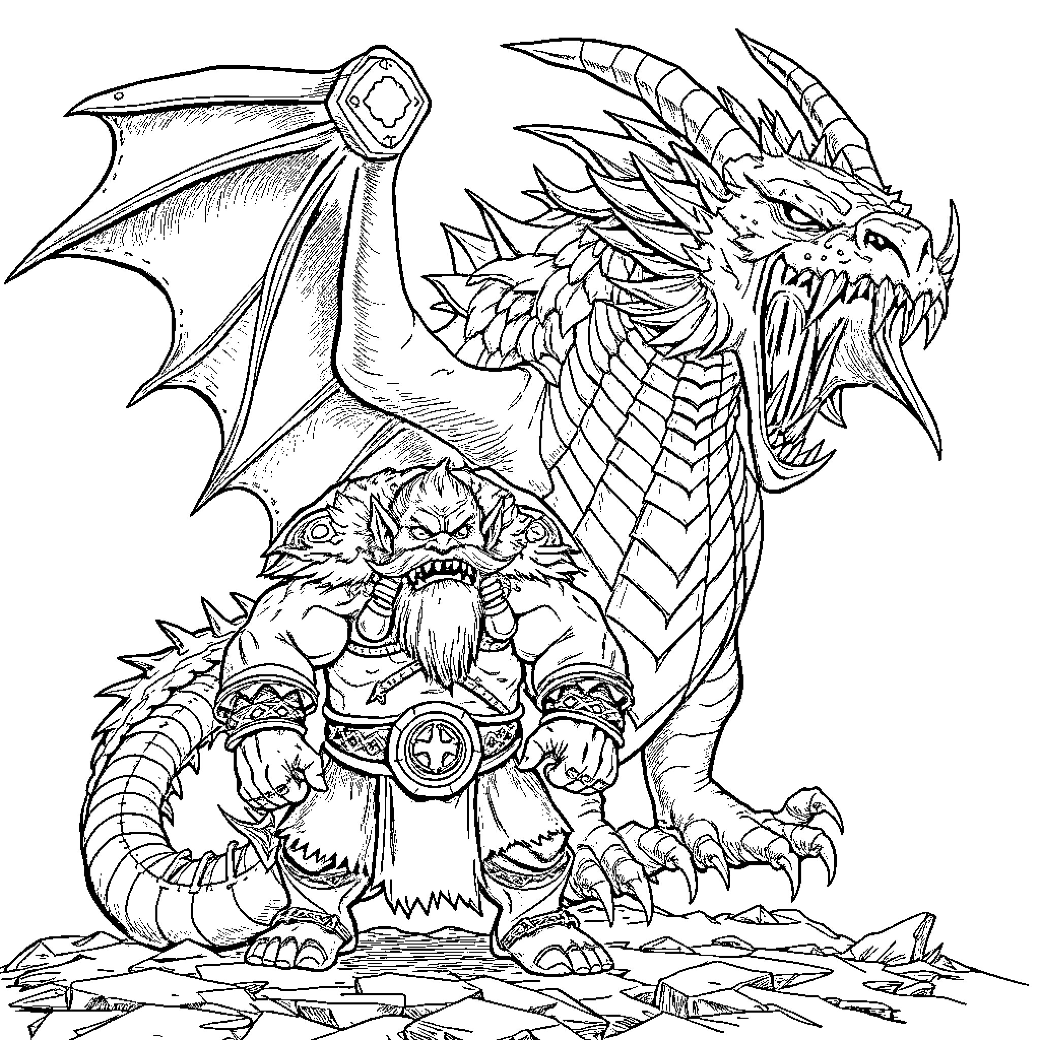 Troll warrior confronting a fierce dragon Coloring Page (free black-and-white line drawing printable PDF for all, from beginners to advanced learners, including children, teens, adults, and seniors)