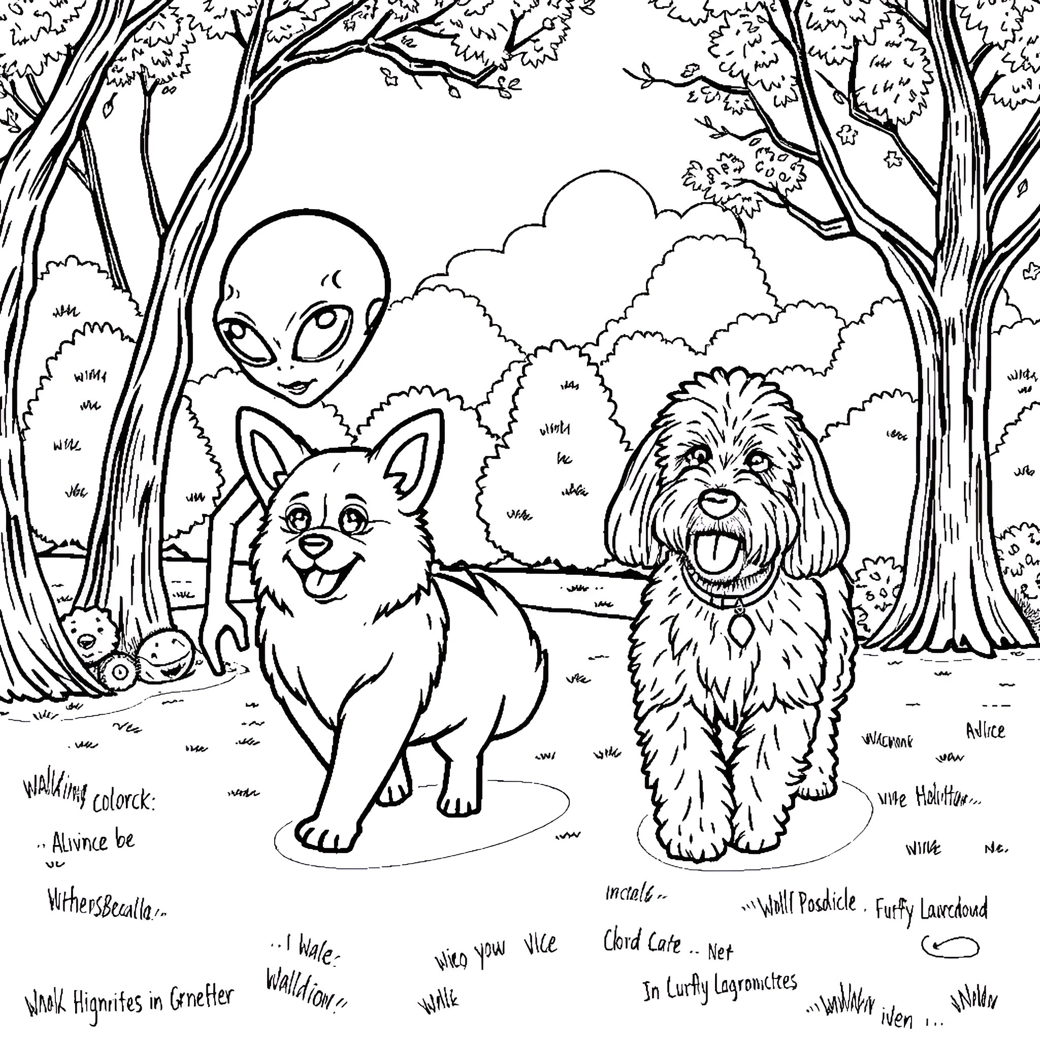 Alien Animals Frolicking in the Forest Coloring Page (free black-and-white line drawing printable PDF for all, from beginners to advanced learners, including children, teens, adults, and seniors)