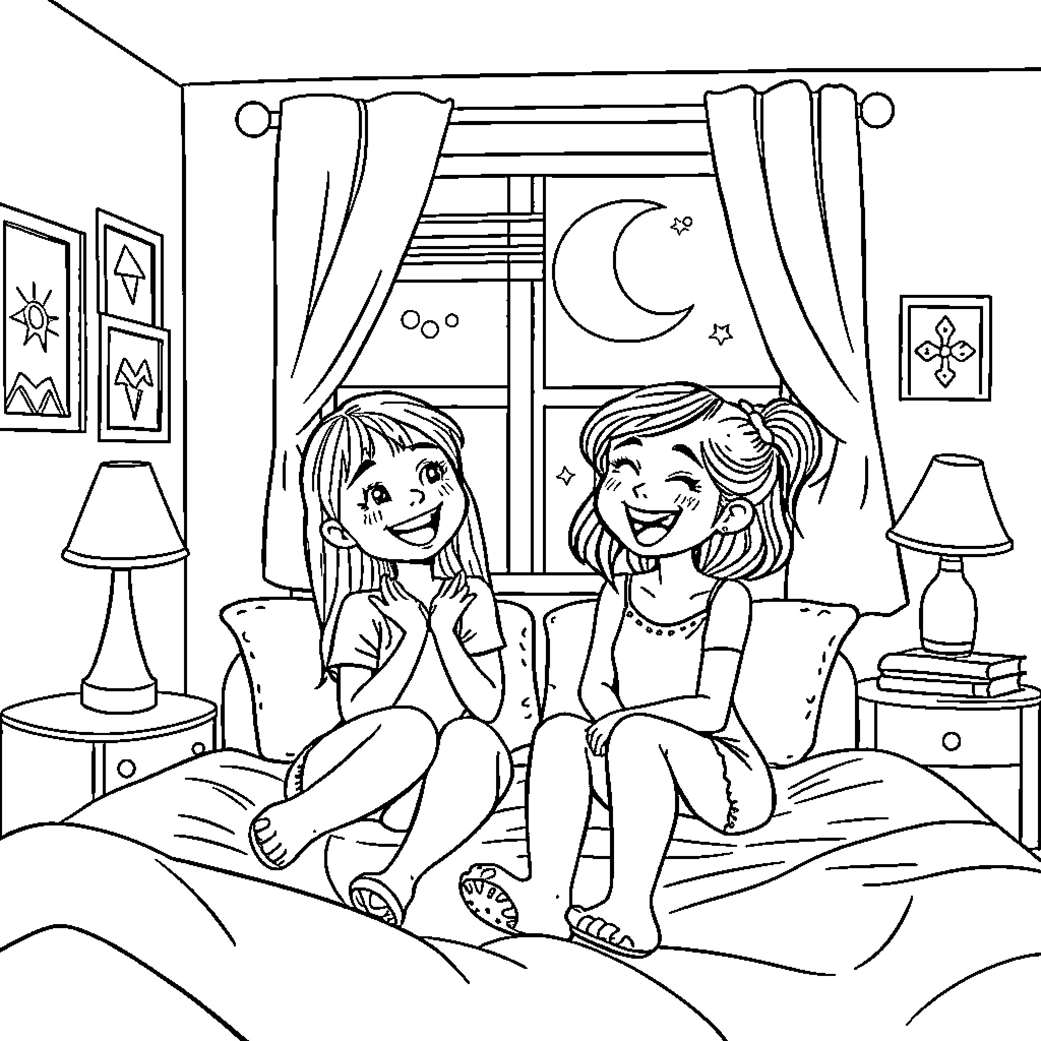 Girls chatting joyfully in their bedroom Coloring Page (free black-and-white line drawing printable PDF for all, from beginners to advanced learners, including children, teens, adults, and seniors)