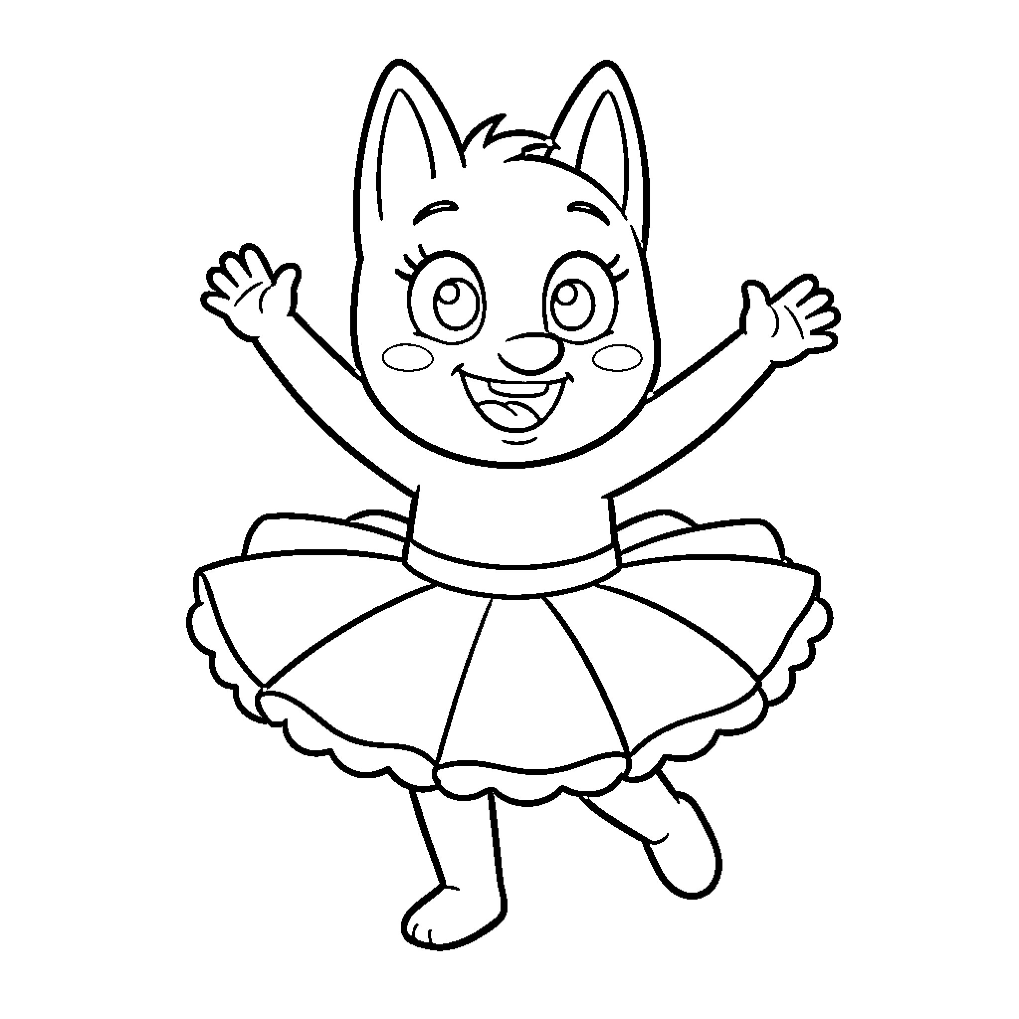 Bluey the happy puppy in a dance dress Coloring Page (free black-and-white line drawing printable PDF for all, from beginners to advanced learners, including children, teens, adults, and seniors)