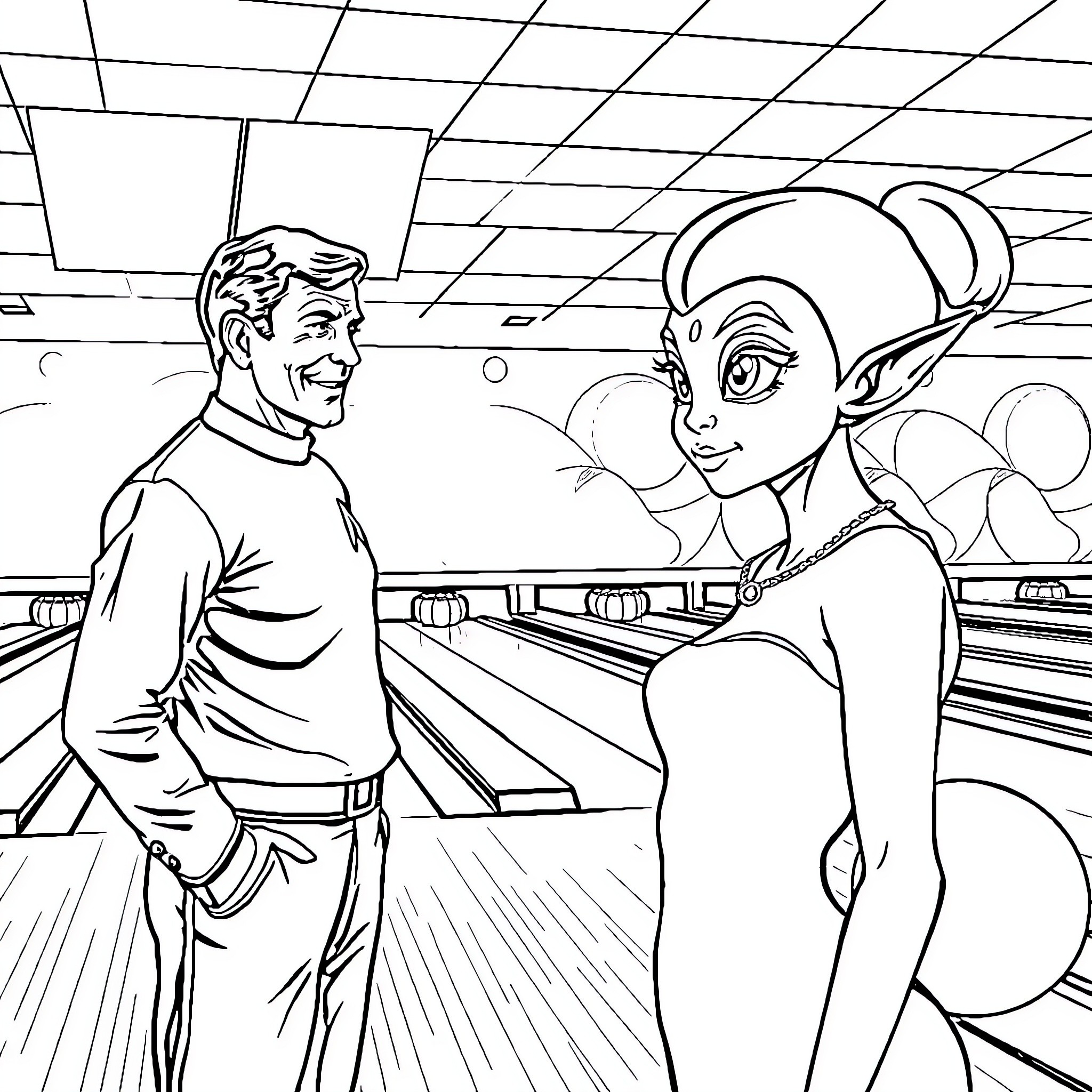Captain Kirk and Alien Woman Bowling in Futuristic Alley Coloring Page (free black-and-white line drawing printable PDF for all, from beginners to advanced learners, including children, teens, adults, and seniors)