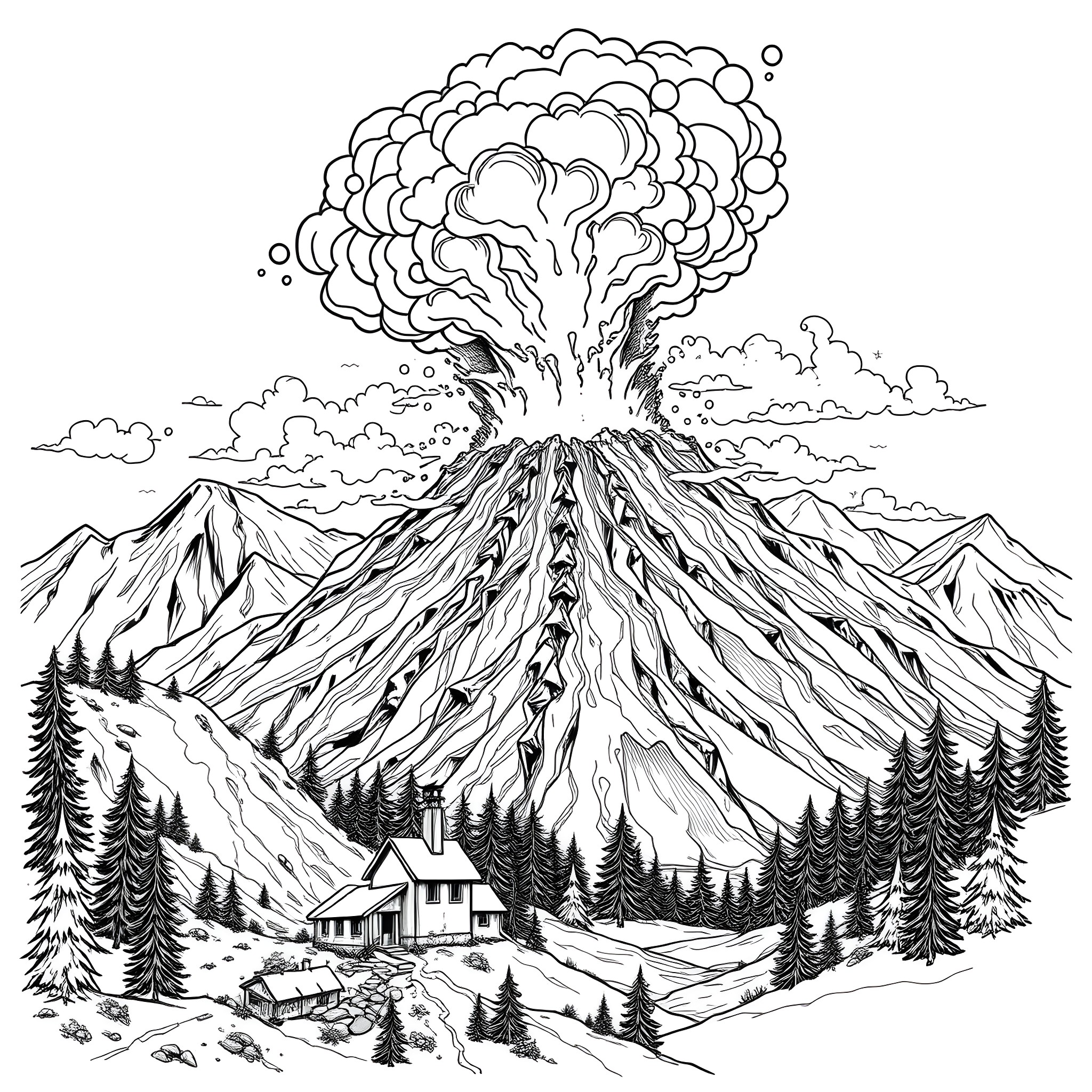 Volcano eruption with scenic landscape Coloring Page (free black-and-white line drawing printable PDF for all, from beginners to advanced learners, including children, teens, adults, and seniors)