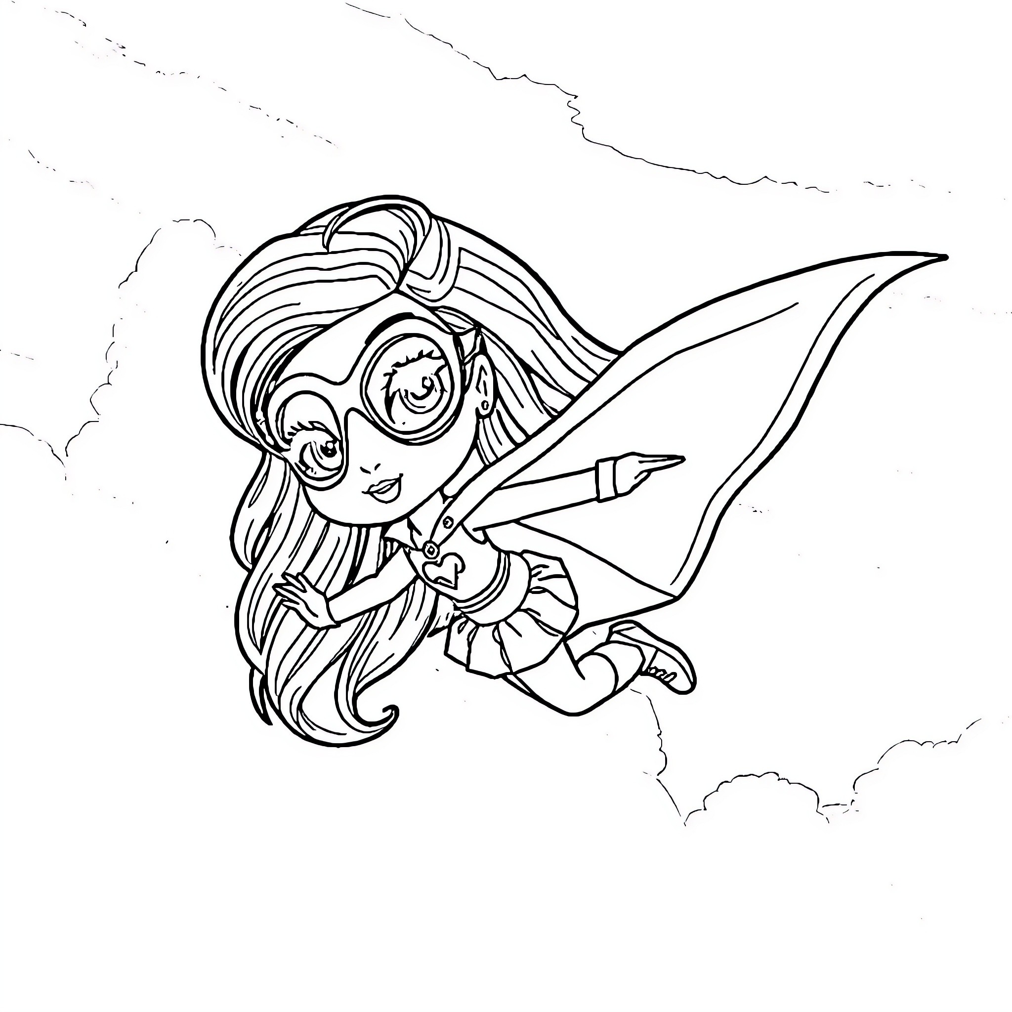 Bratz Doll flying with wings in the sky Coloring Page (free black-and-white line drawing printable PDF for all, from beginners to advanced learners, including children, teens, adults, and seniors)