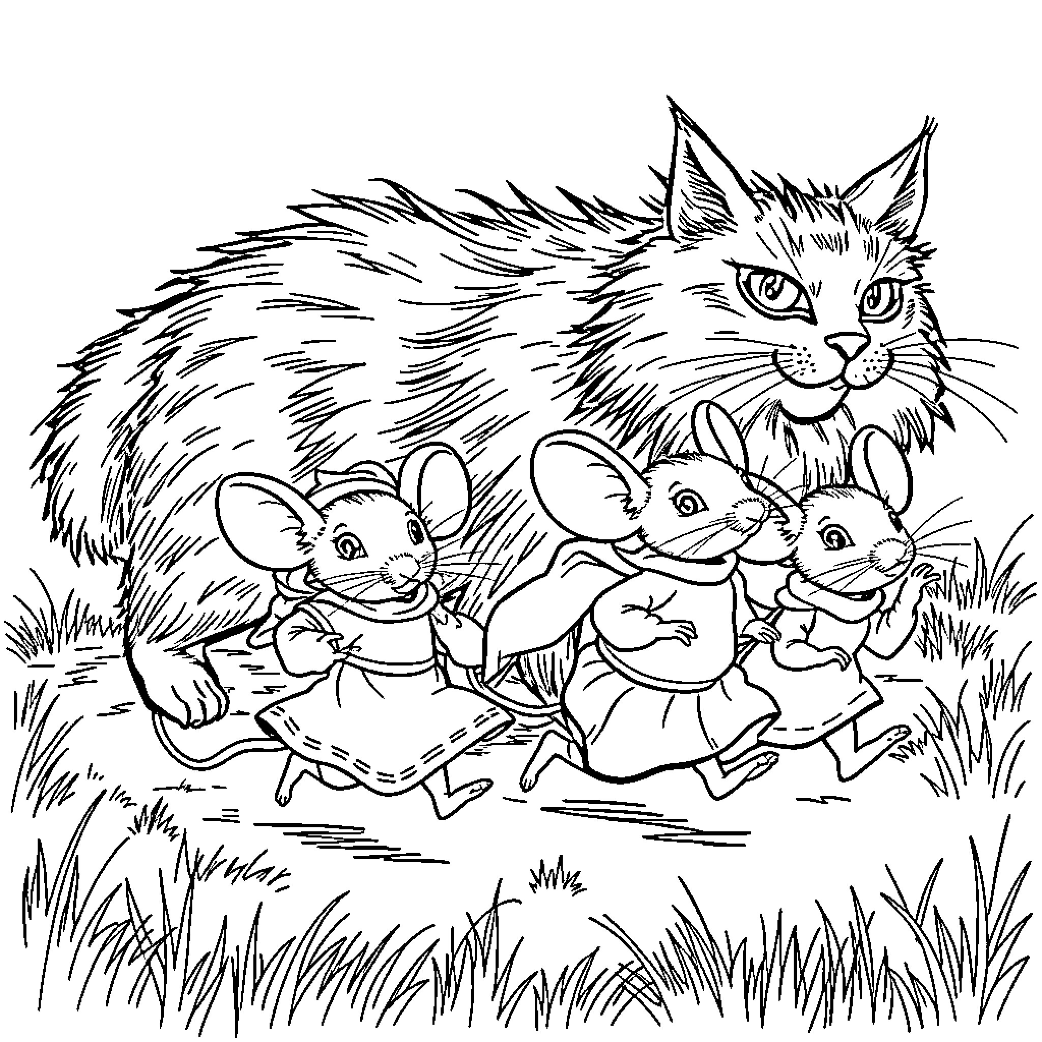 Mouse family scurrying away from watchful cat Coloring Page (free black-and-white line drawing printable PDF for all, from beginners to advanced learners, including children, teens, adults, and seniors)