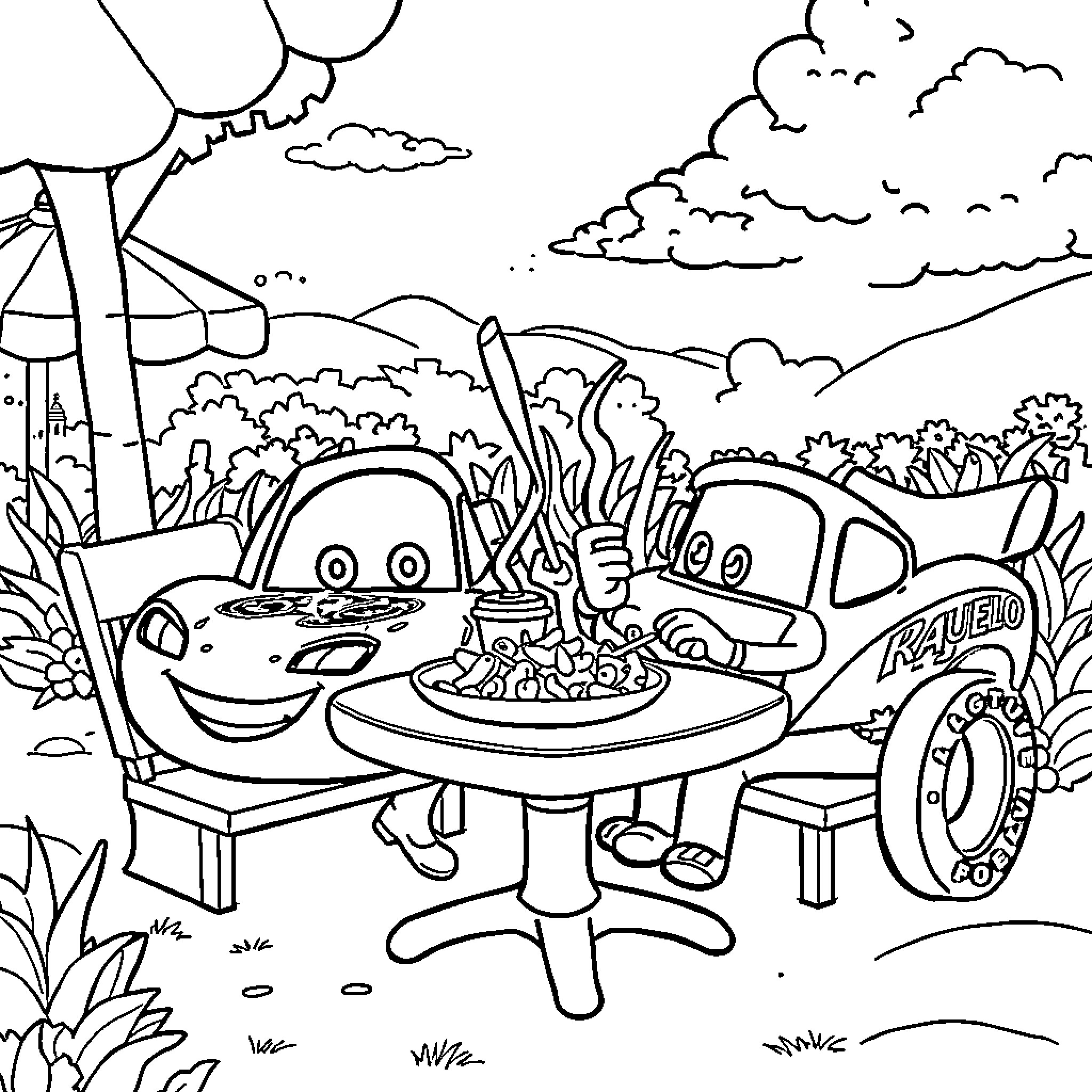 Rayo McQueen enjoying a picnic in the countryside Coloring Page (free black-and-white line drawing printable PDF for all, from beginners to advanced learners, including children, teens, adults, and seniors)